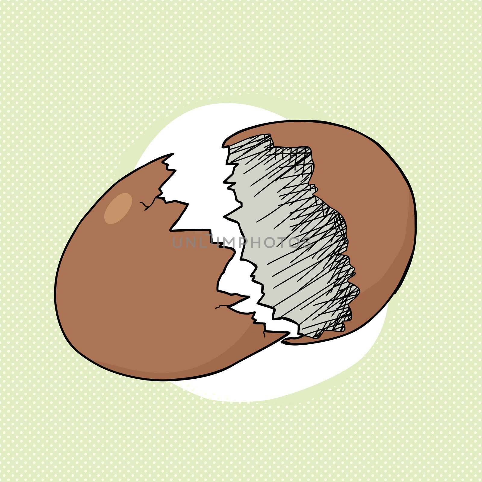 Cracked brown egg over green halftone background