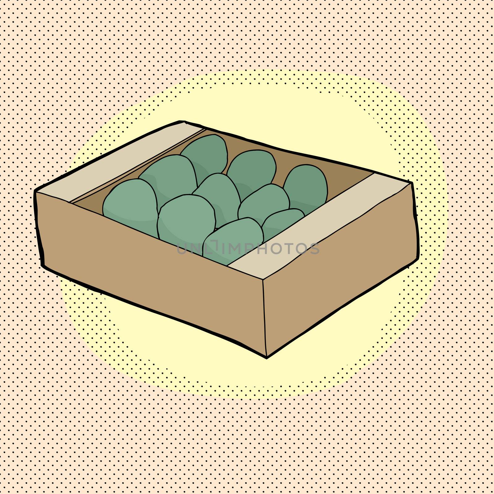 Box of avocados on yellow halftone background