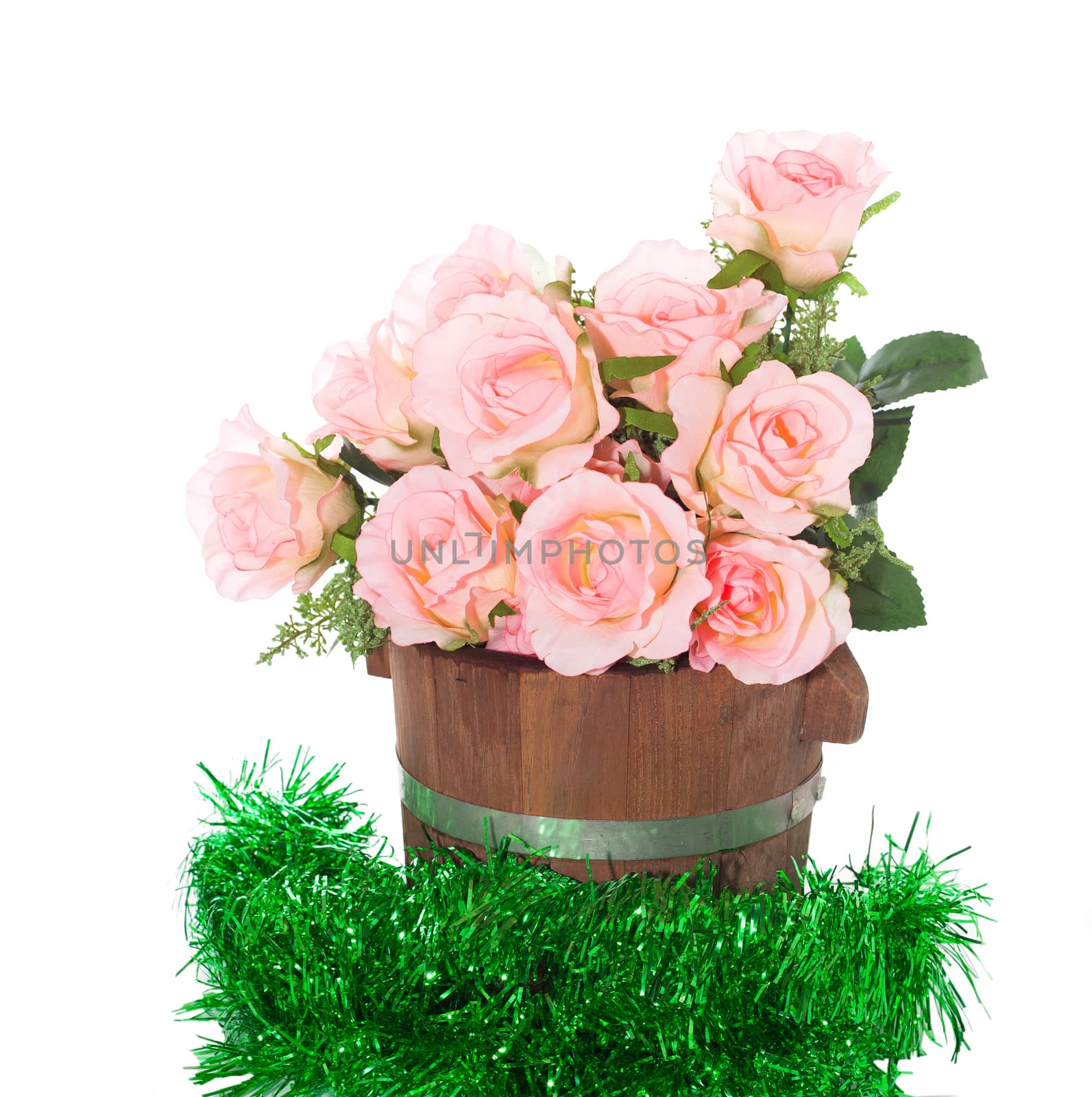 Summer flowers in wooden bucket
