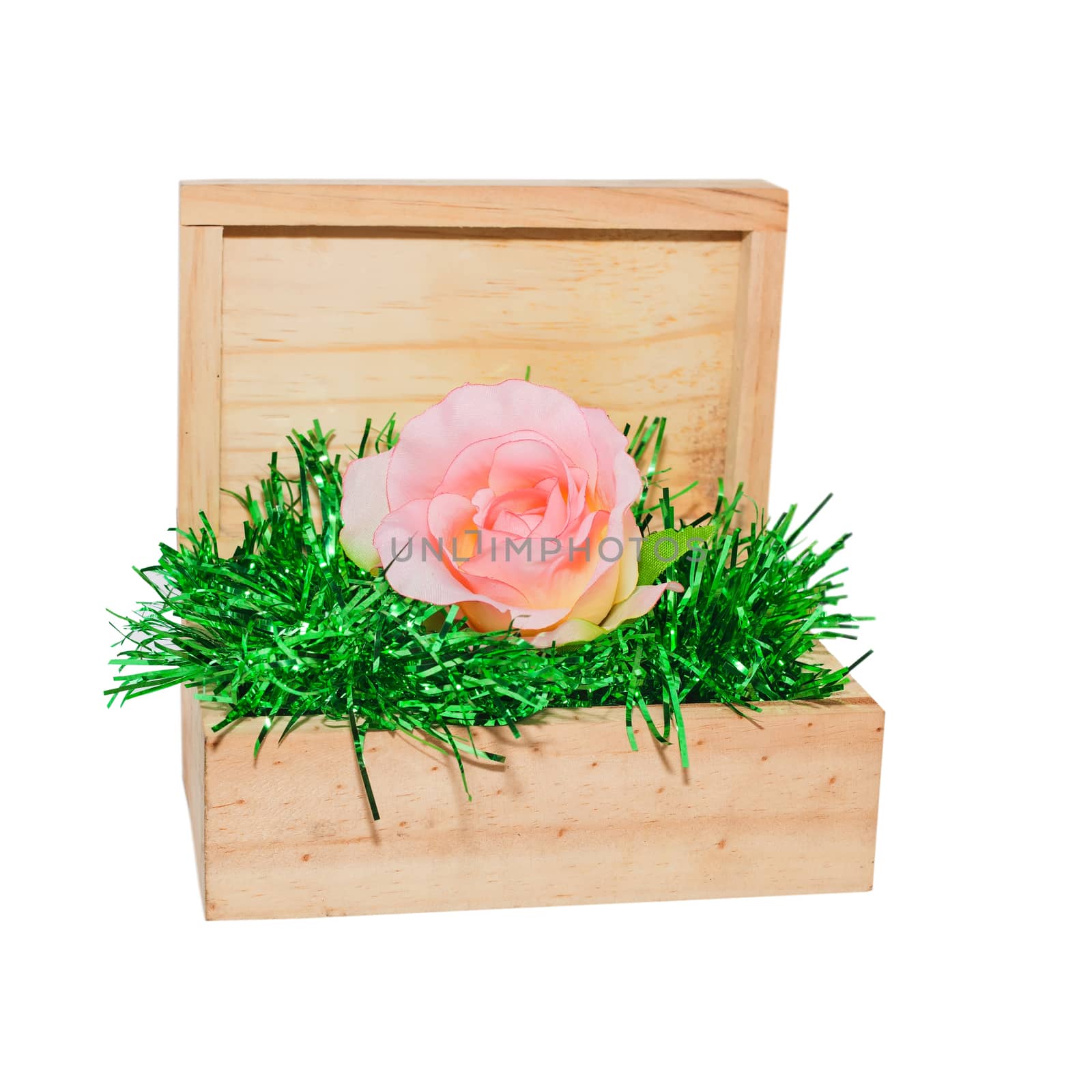a wood box contains pink flower , decoration.