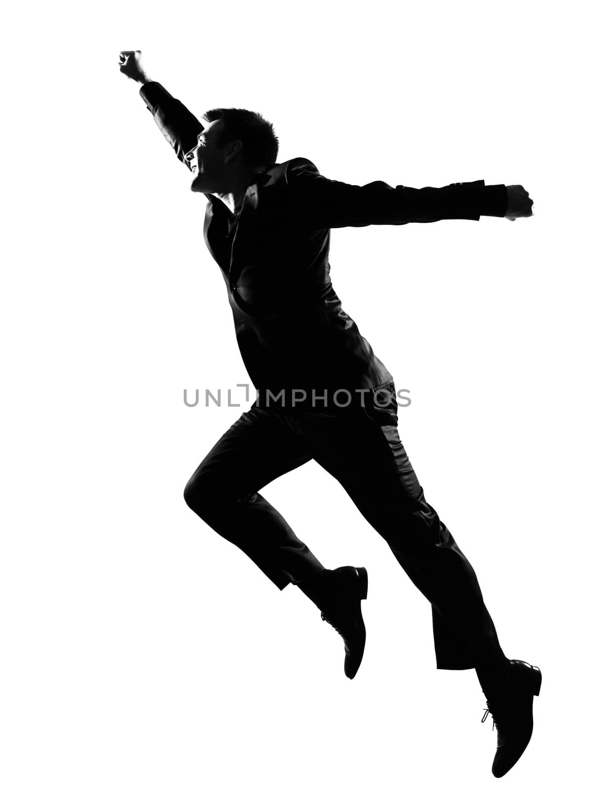 silhouette  business man expressing winning behavior full length on studio isolated white background