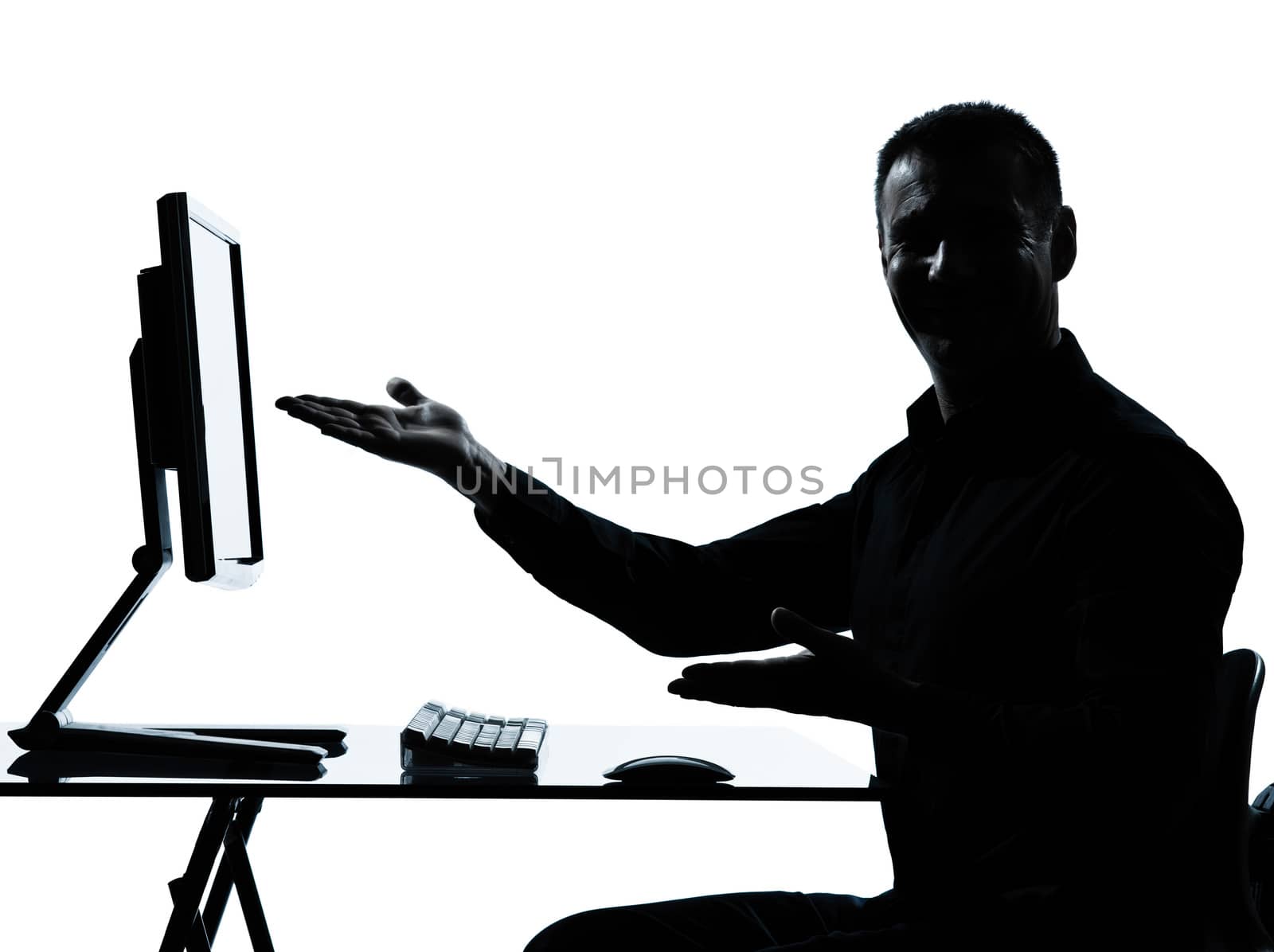 one  business man showing gesture computer computing silhouette in studio isolated on white background