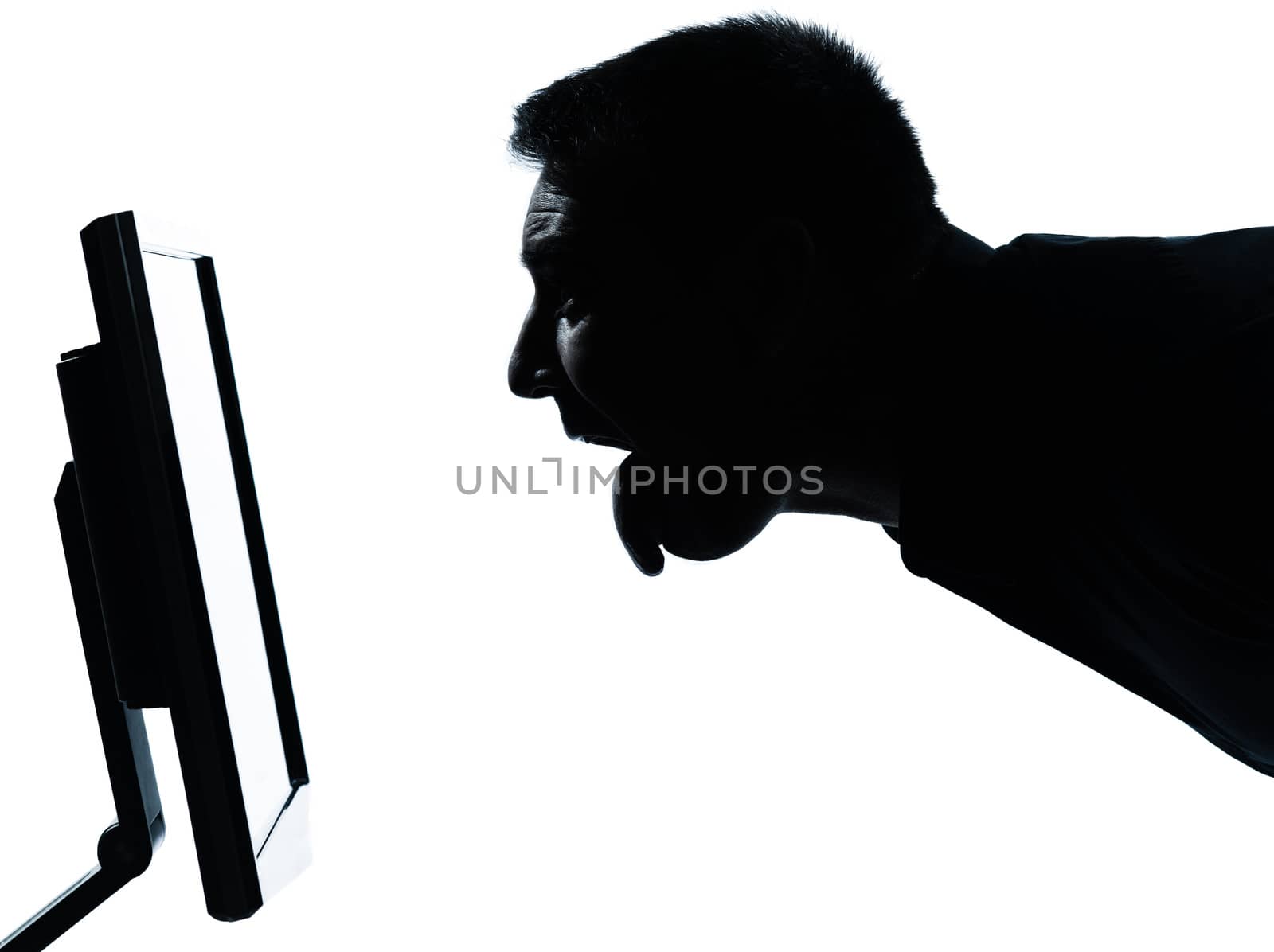 one  business man face tongue out silhouette with computer screen display portrait in studio isolated on white background