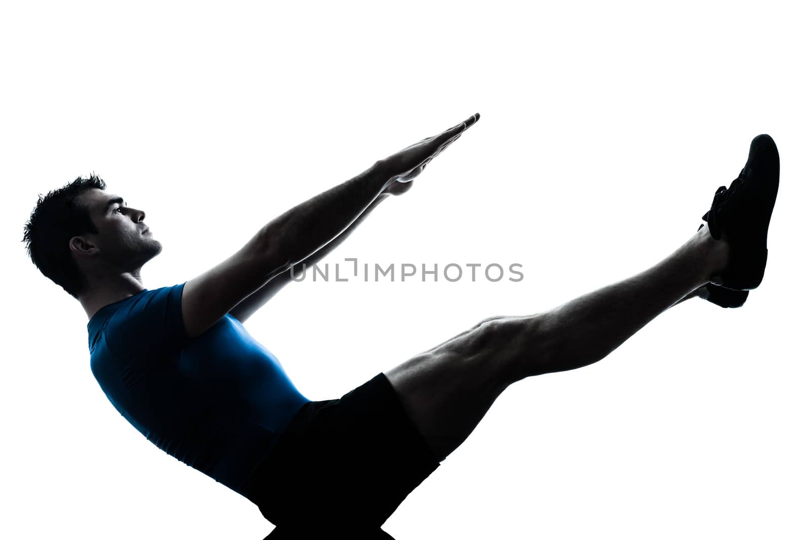 one  man exercising workout fitness boat position yoga in silhouette studio isolated on white background