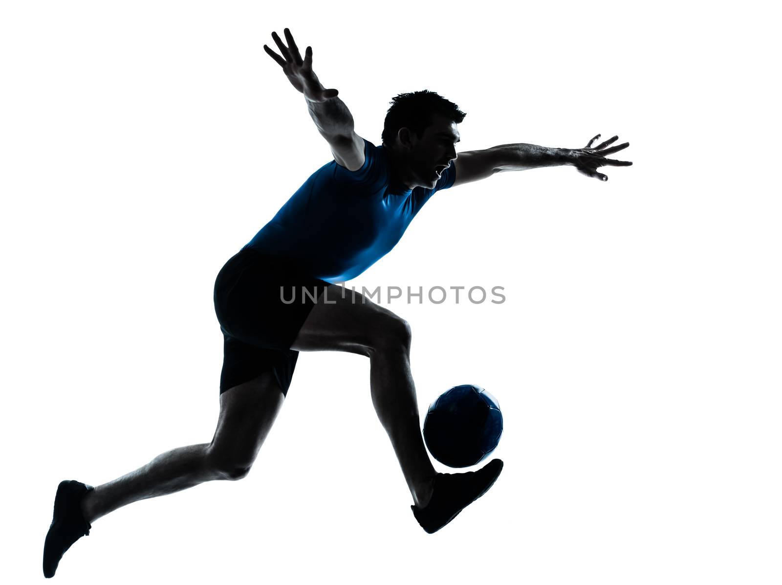 one  man playing soccer football player silhouette in studio isolated on white background