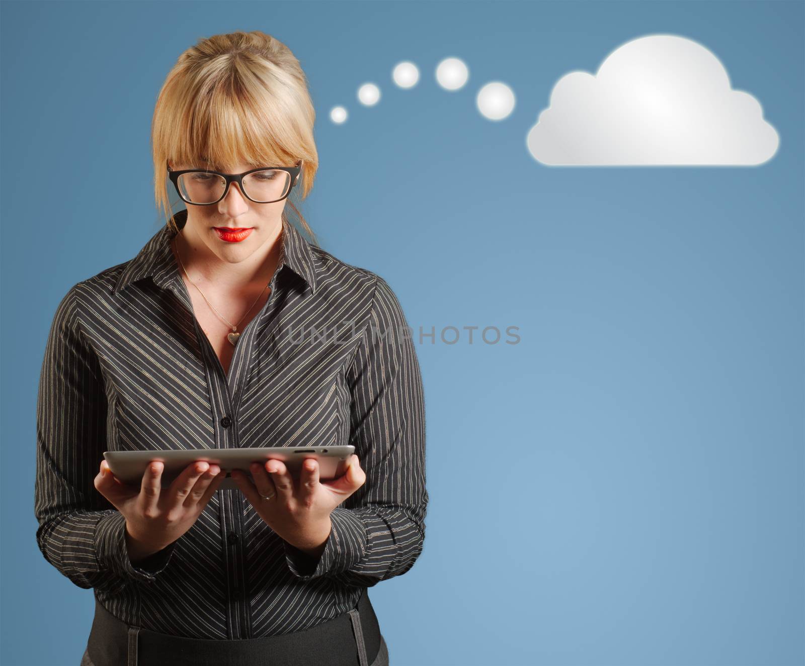 Businesswoman student or teacher with thought thinking cloud or computing