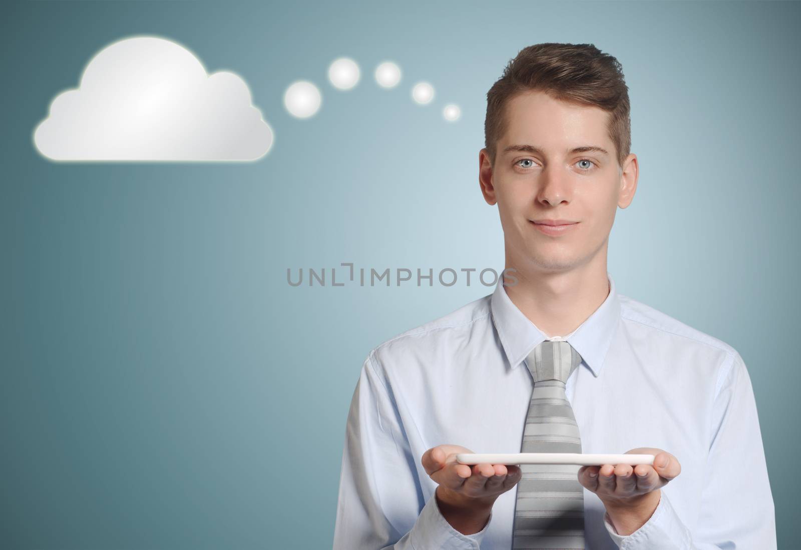 Businessman thinking cloud or computing by alistaircotton