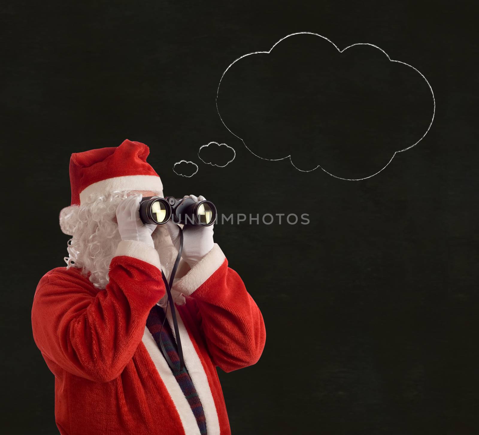 Father Christmas think, thinking bubble business future strategy idea with binoculars on backboard background