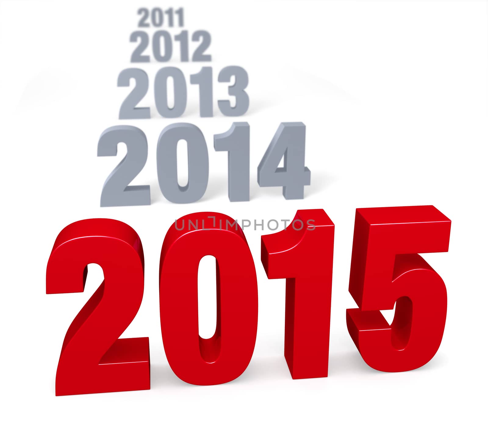 Preceding years in gray lead up to a large, shiny red "2015!"  Focus is on 2015. Isolated on white.  