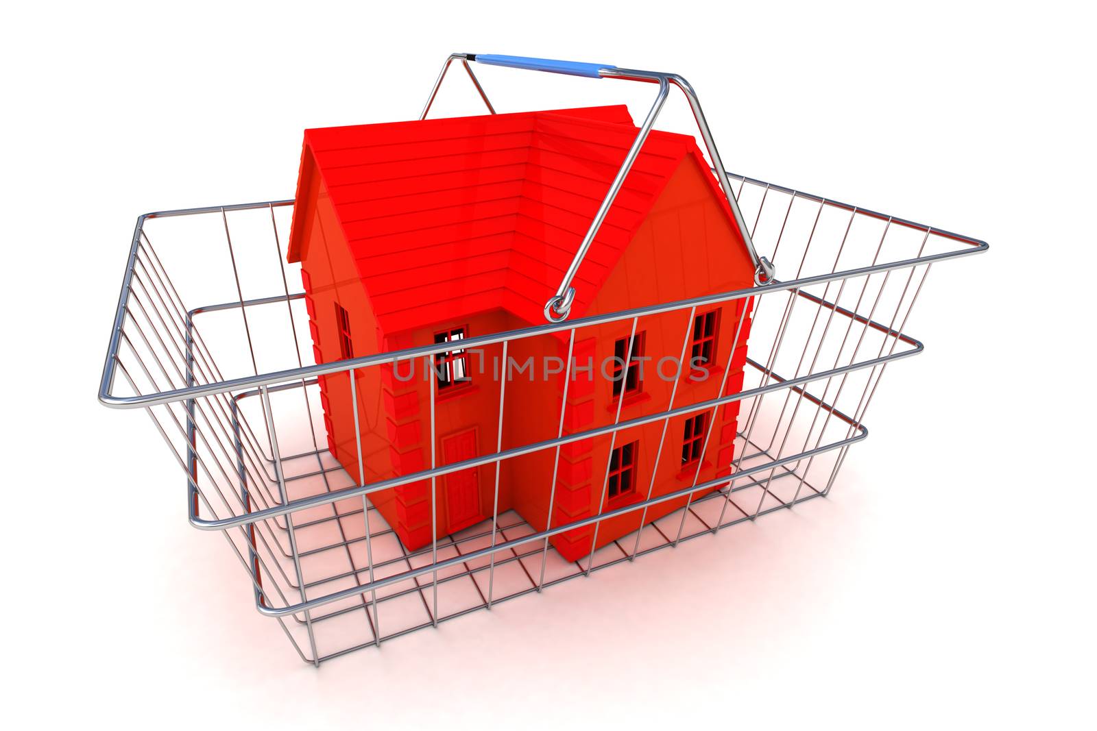 A Colourful 3d Rendered Buying a House Concept Illustration showing a Red coloured house in a shopping basket