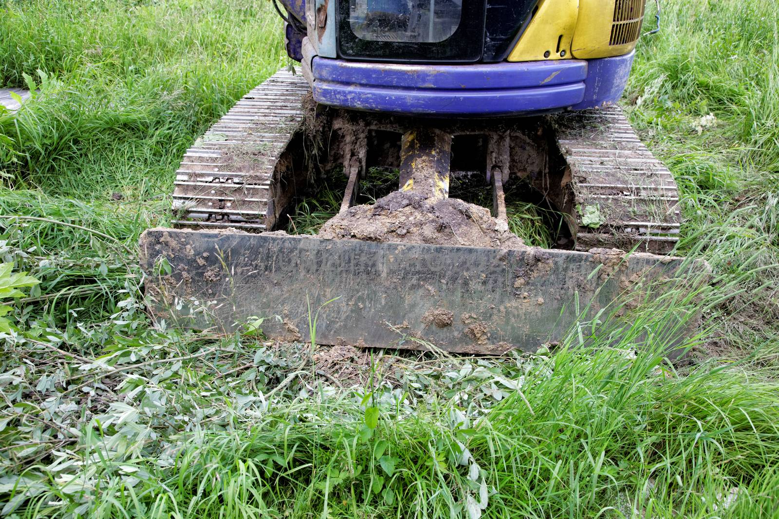 The bulldozer presses a green grass by alarich