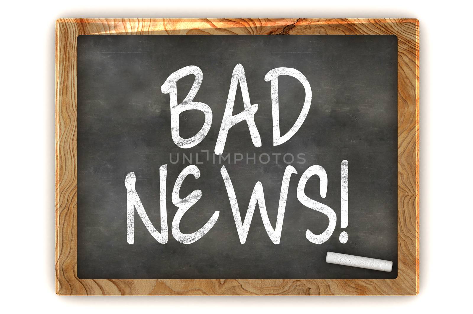 A Colourful 3d Rendered Concept Illustration showing "BAD NEWS" writen on a Blackboard with white chalk