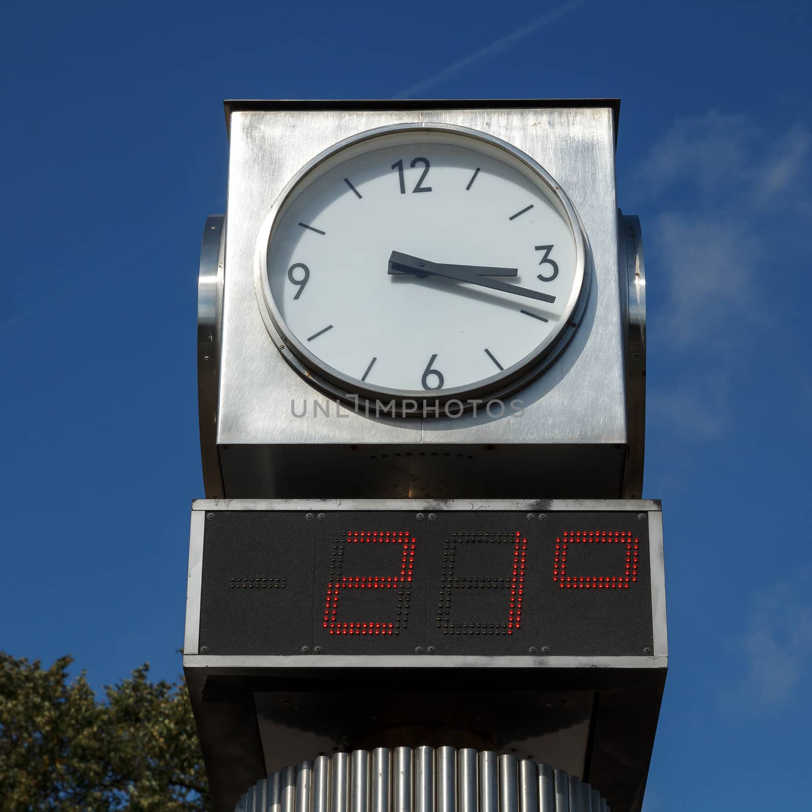 A modern town clock with a temperature display