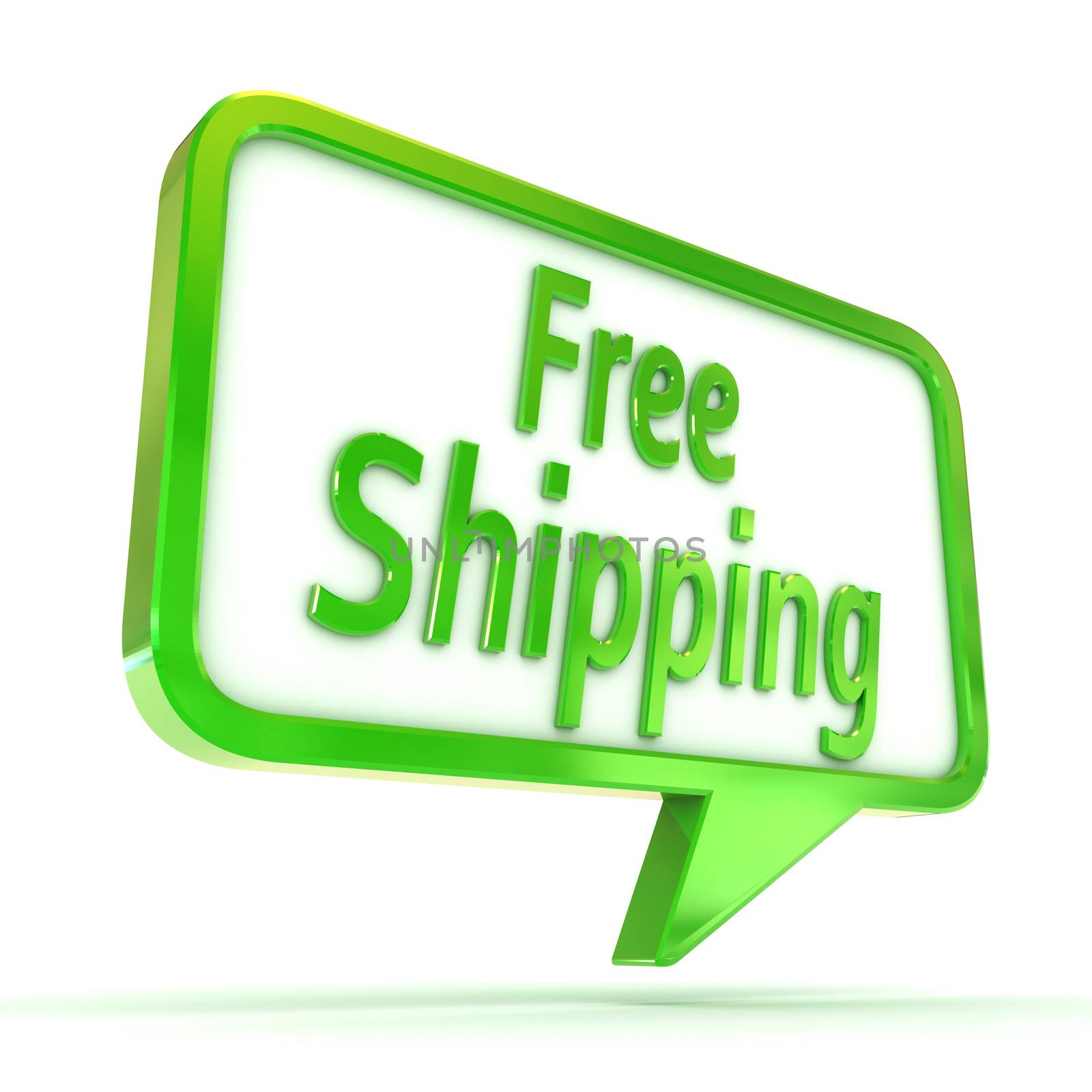 A Colourful 3d Rendered Concept Illustration showing "Free Shipping" writen on a Speech bubble