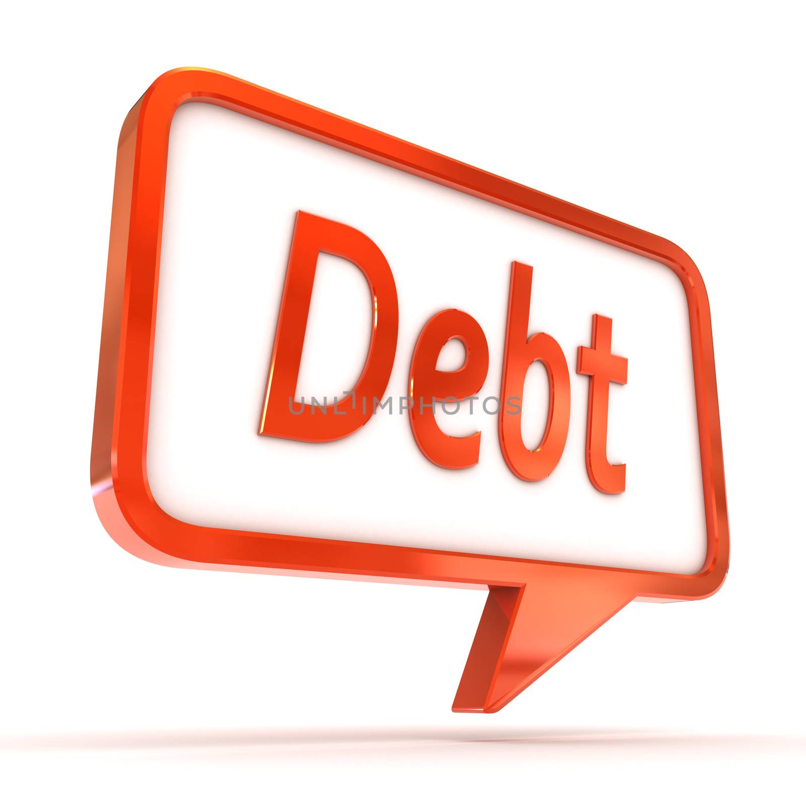 A Colourful 3d Rendered Concept Illustration showing "Debt" writen in a Speech Bubble