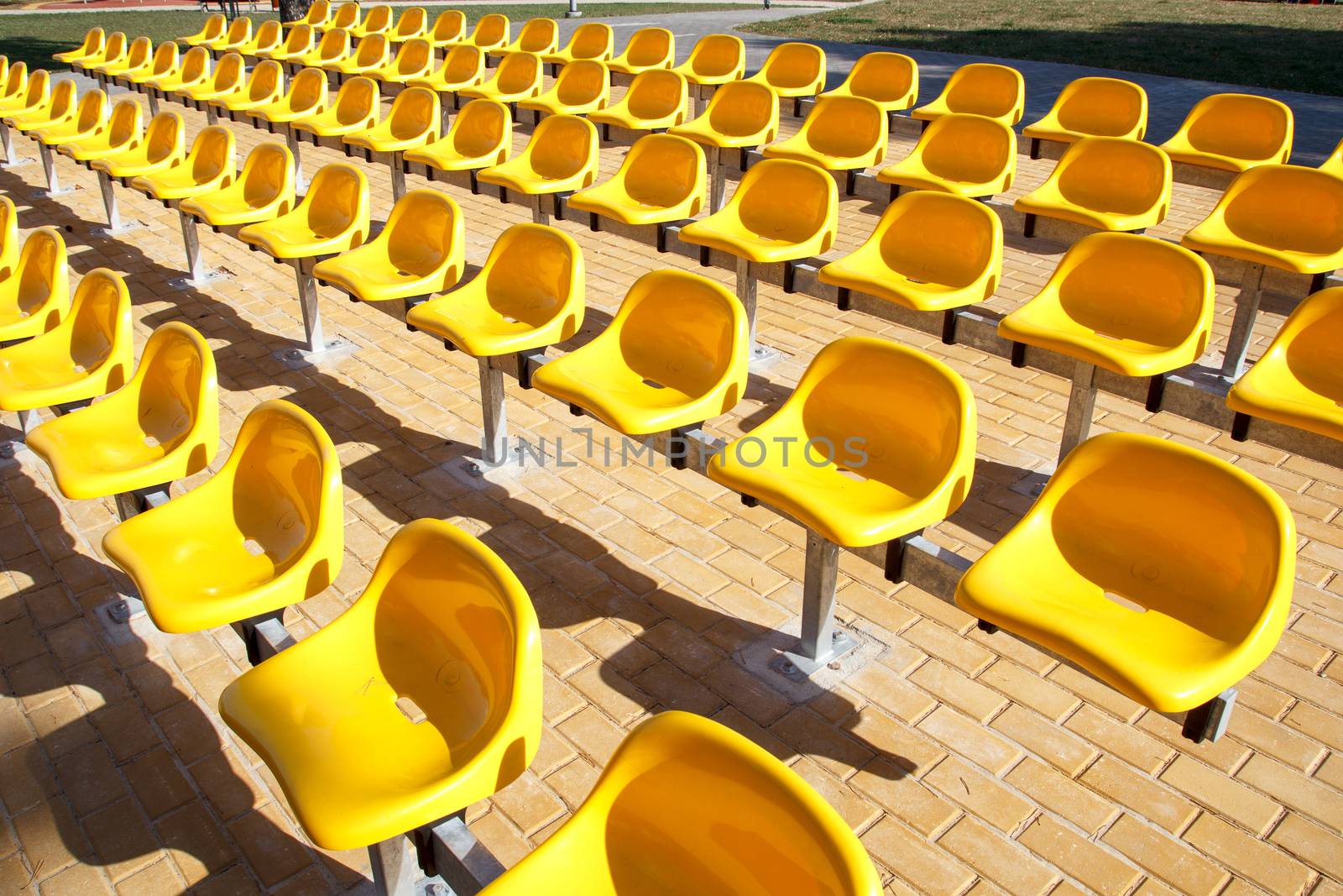 A load of yellow sitting benches in a park