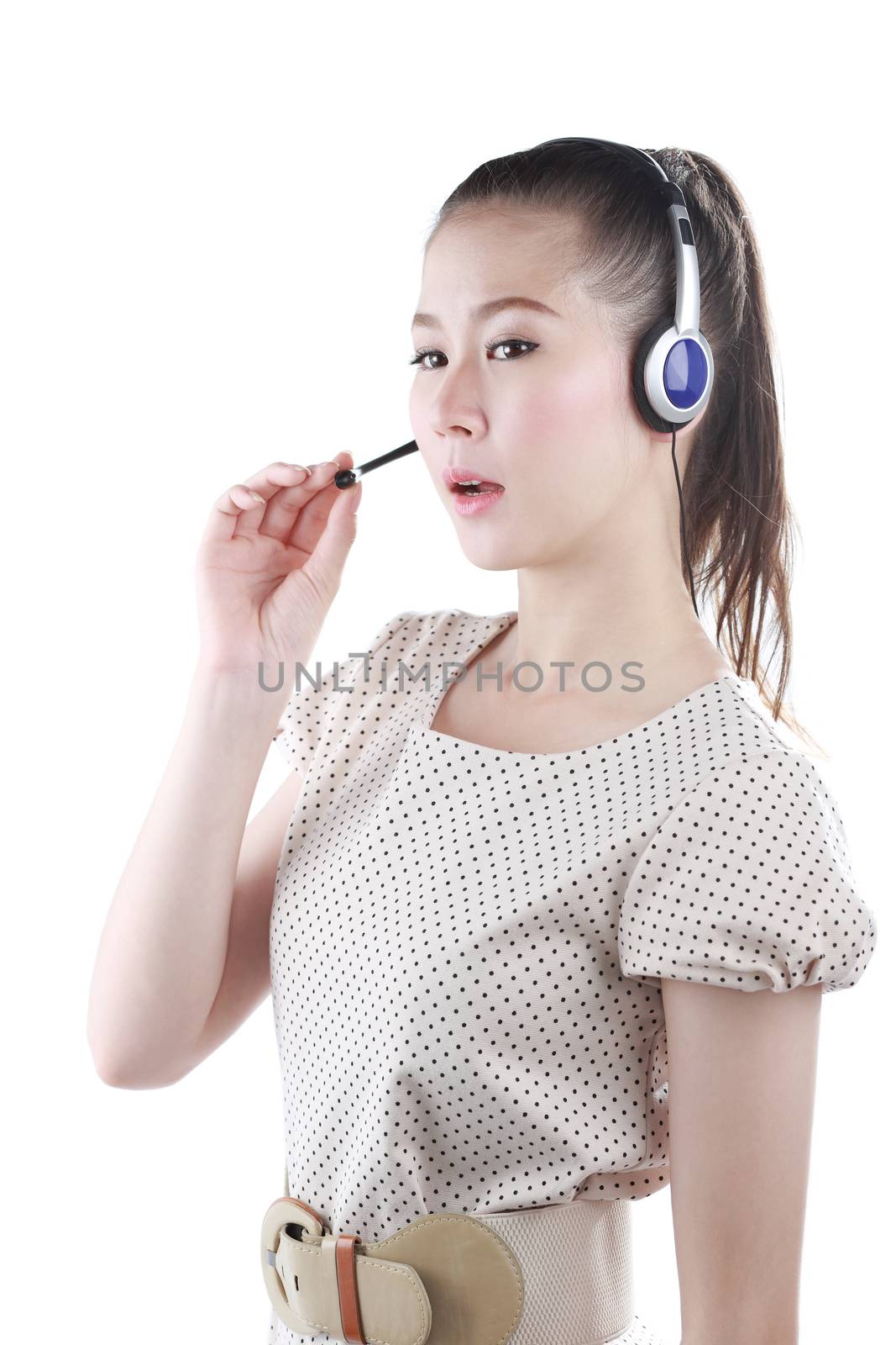 Portrait of cheerful young support phone operator in headset, isolated on white background.