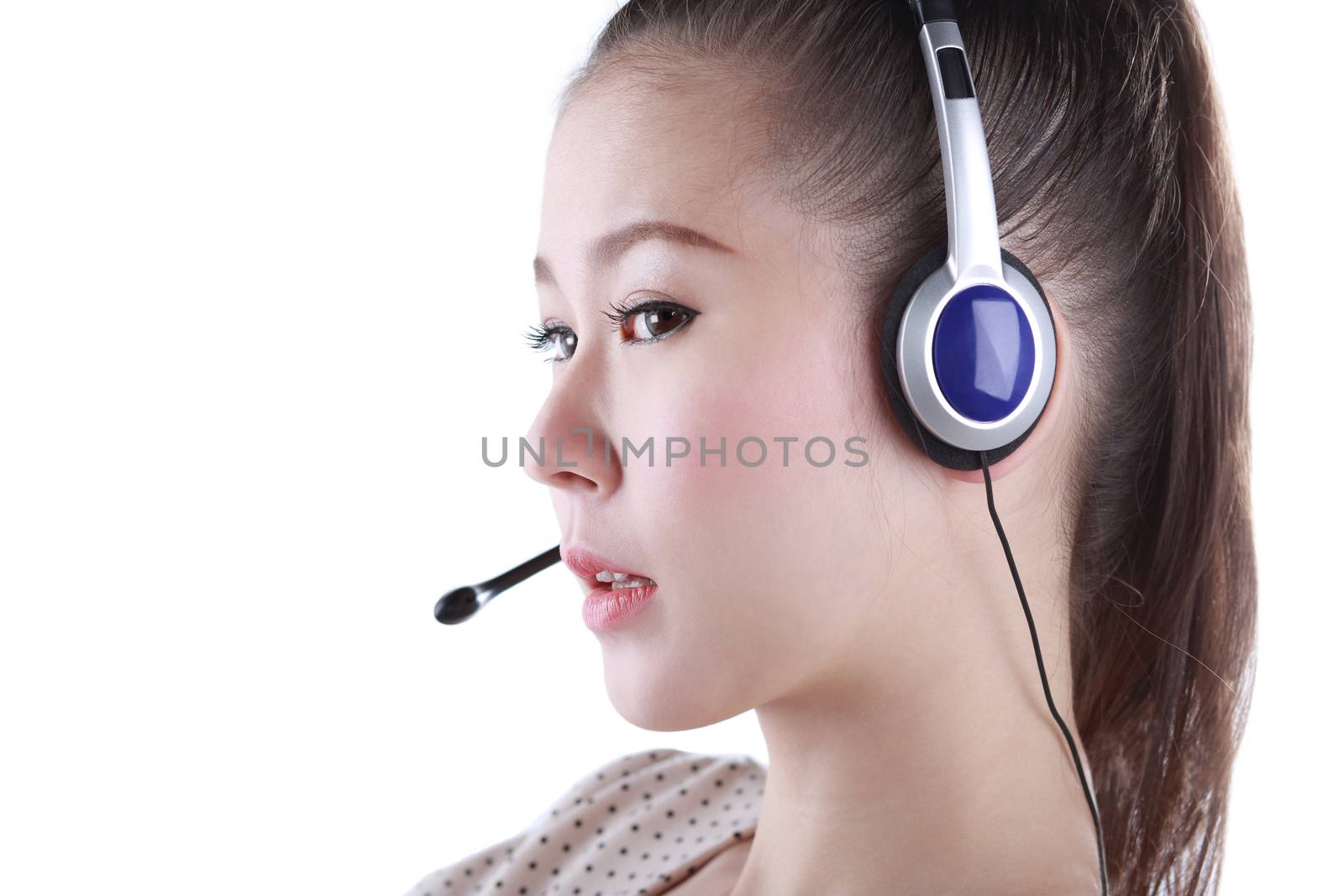 Portrait of cheerful young support phone operator in headset, isolated on white background.