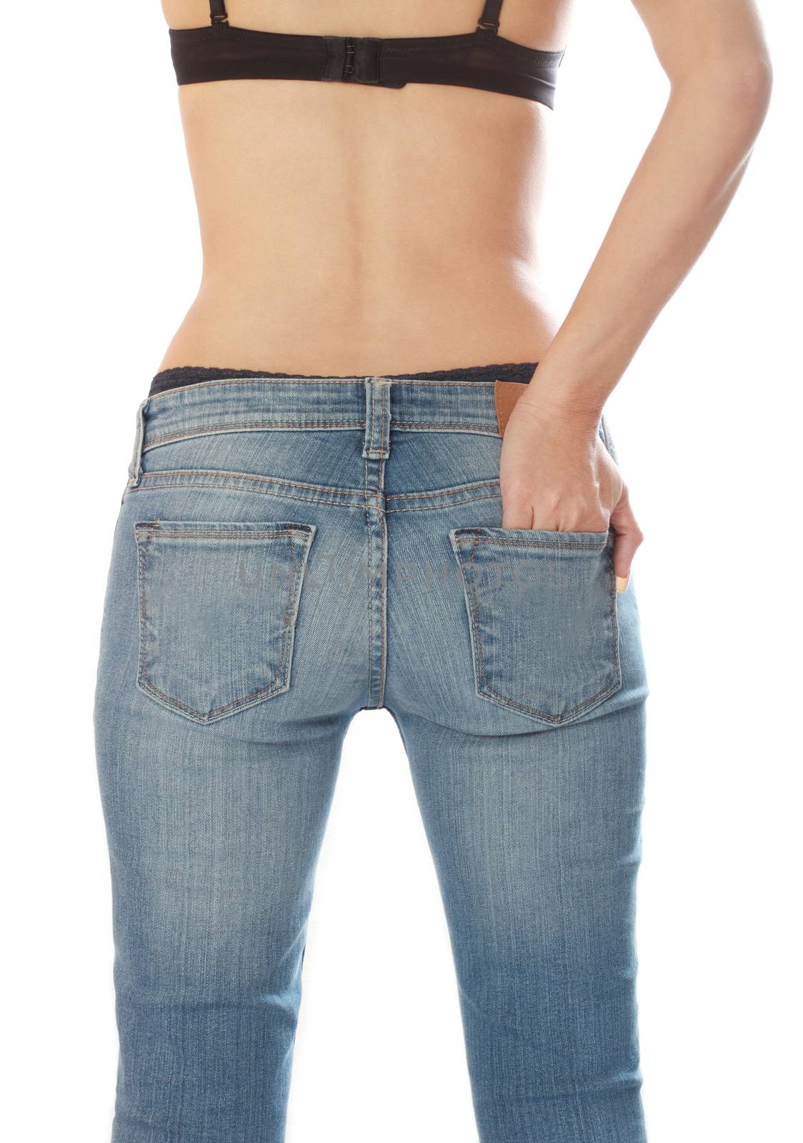 Female wearing jeans and isolated on white background.