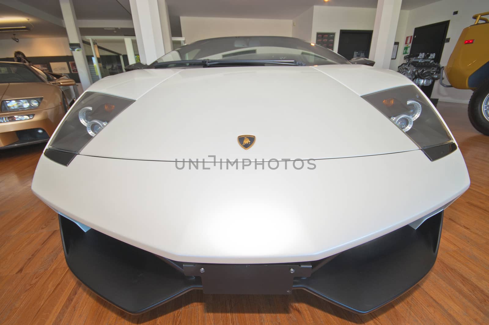 White Lamborghini in the museum. Sant'Agata, Italy