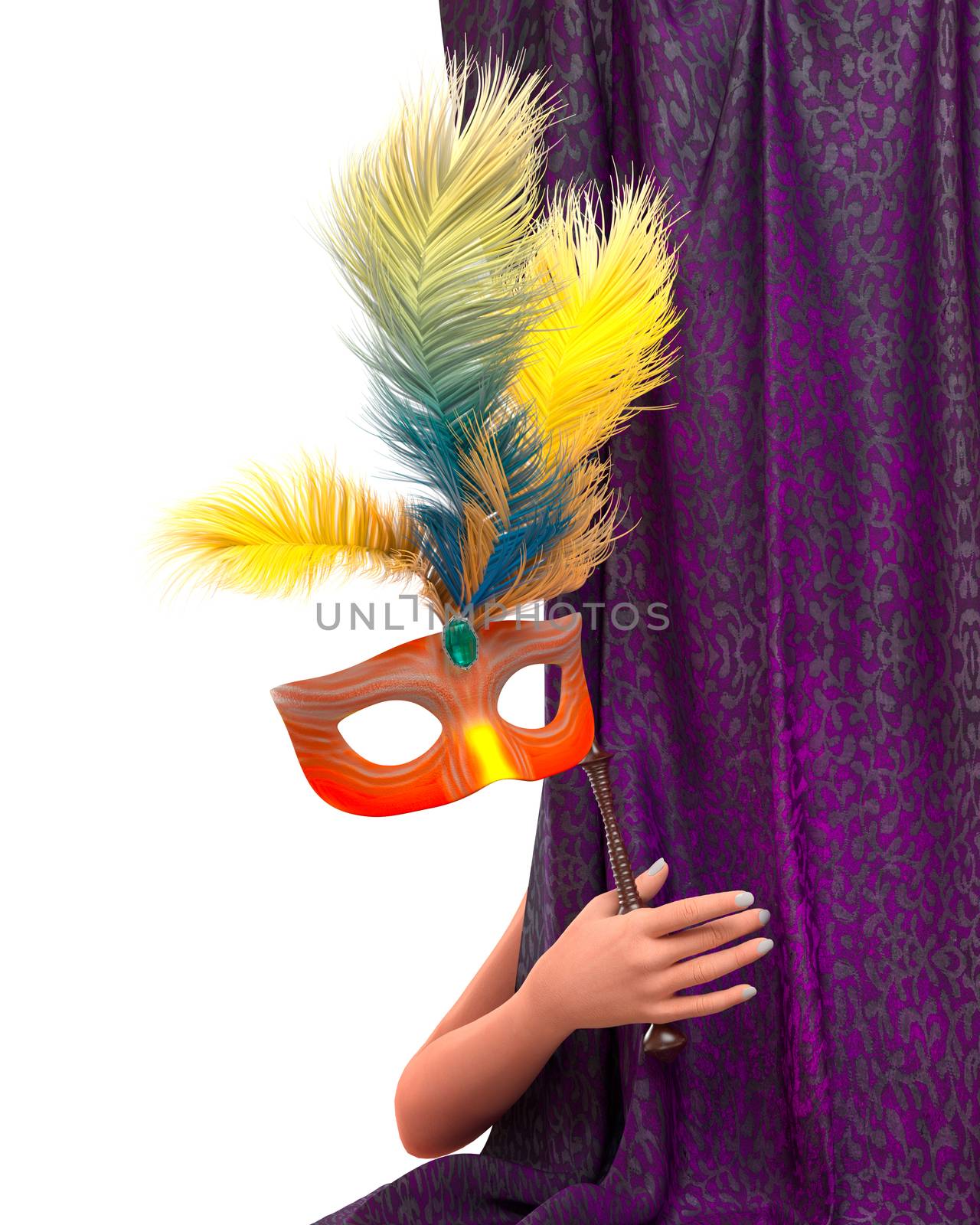 Beautiful young woman hand with curtain and carnival mask by denisgo