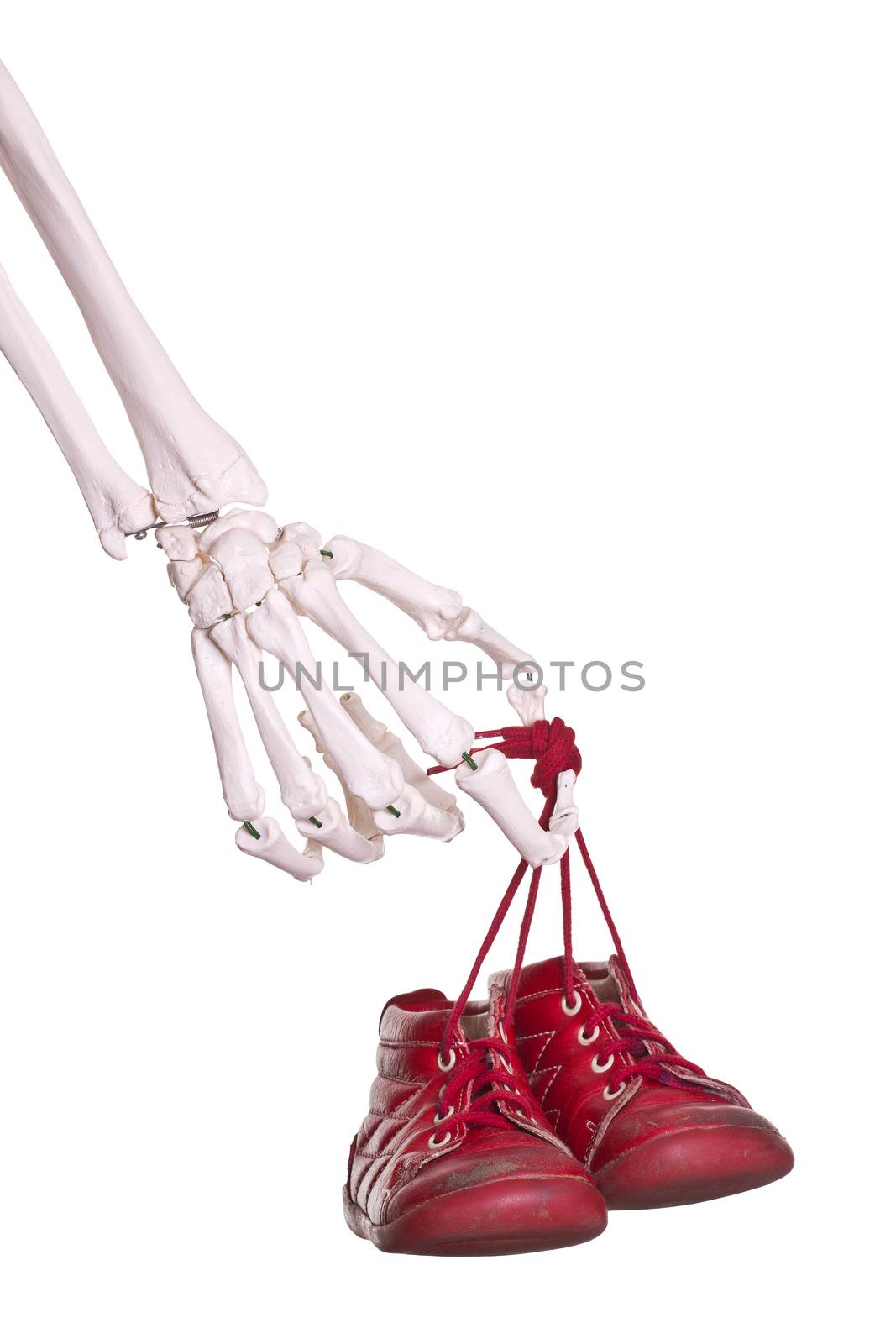 skeleton hand holding old red baby shoes by pterwort