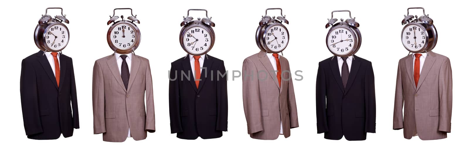concept of body with suit and tie with alarm bell as face