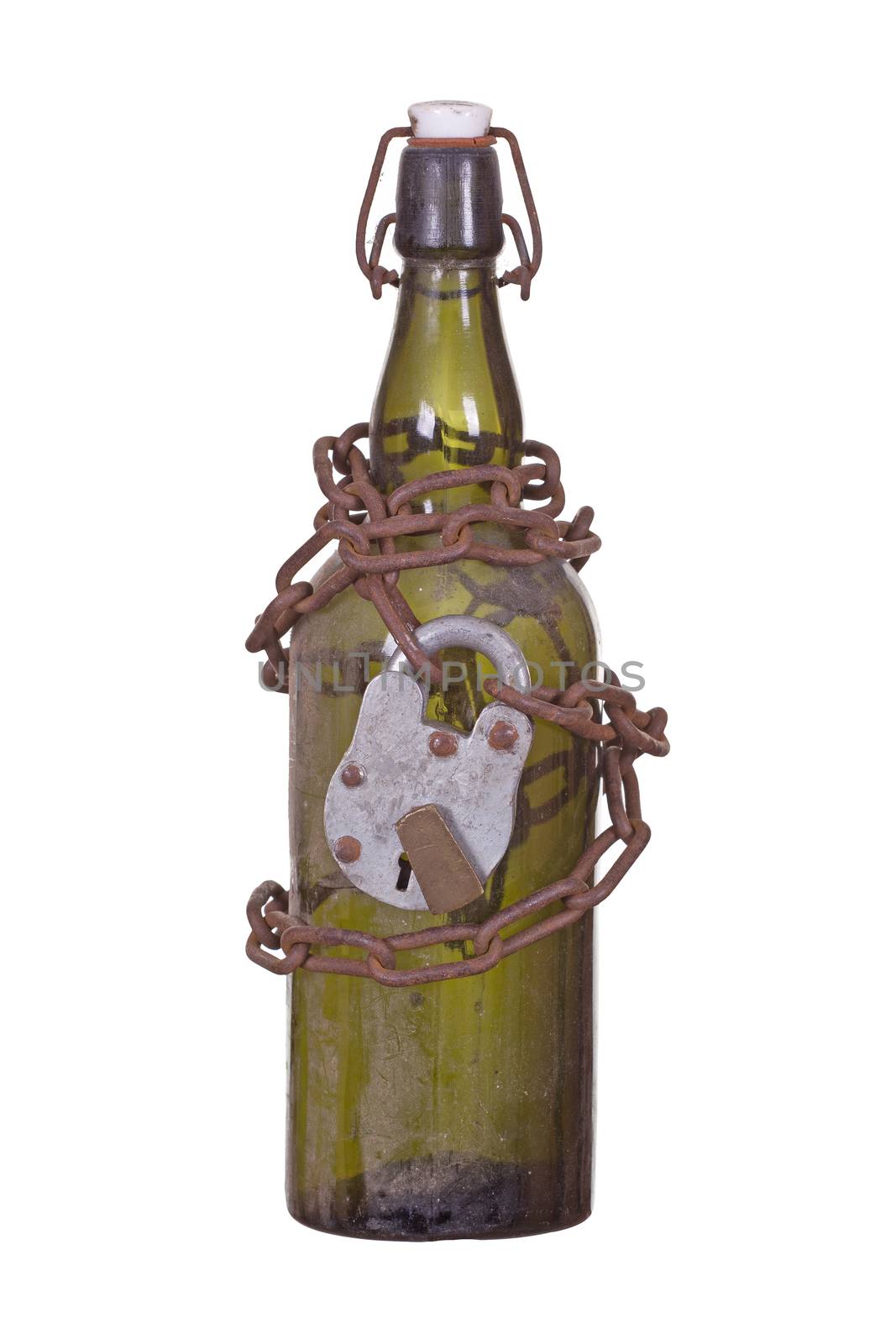 old bottle captured with chain and padlock by pterwort
