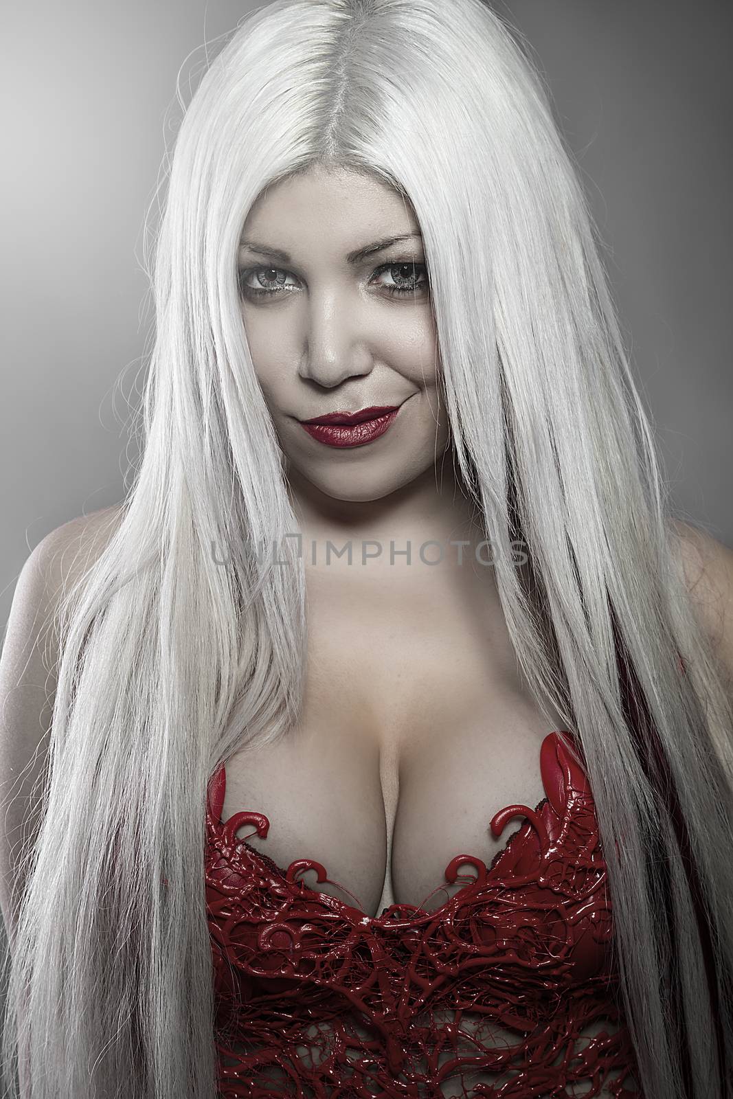 Beautiful woman with white hair red corset scales by FernandoCortes