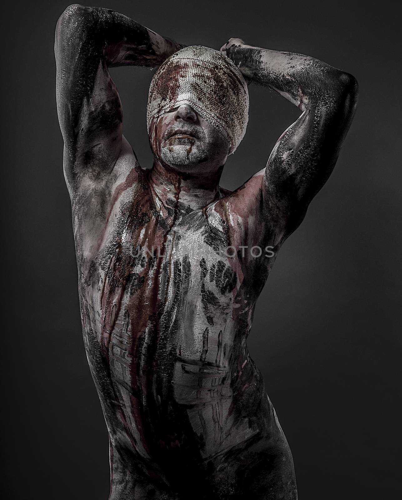 man with blood and blindfolded concept of prison, without freedo by FernandoCortes