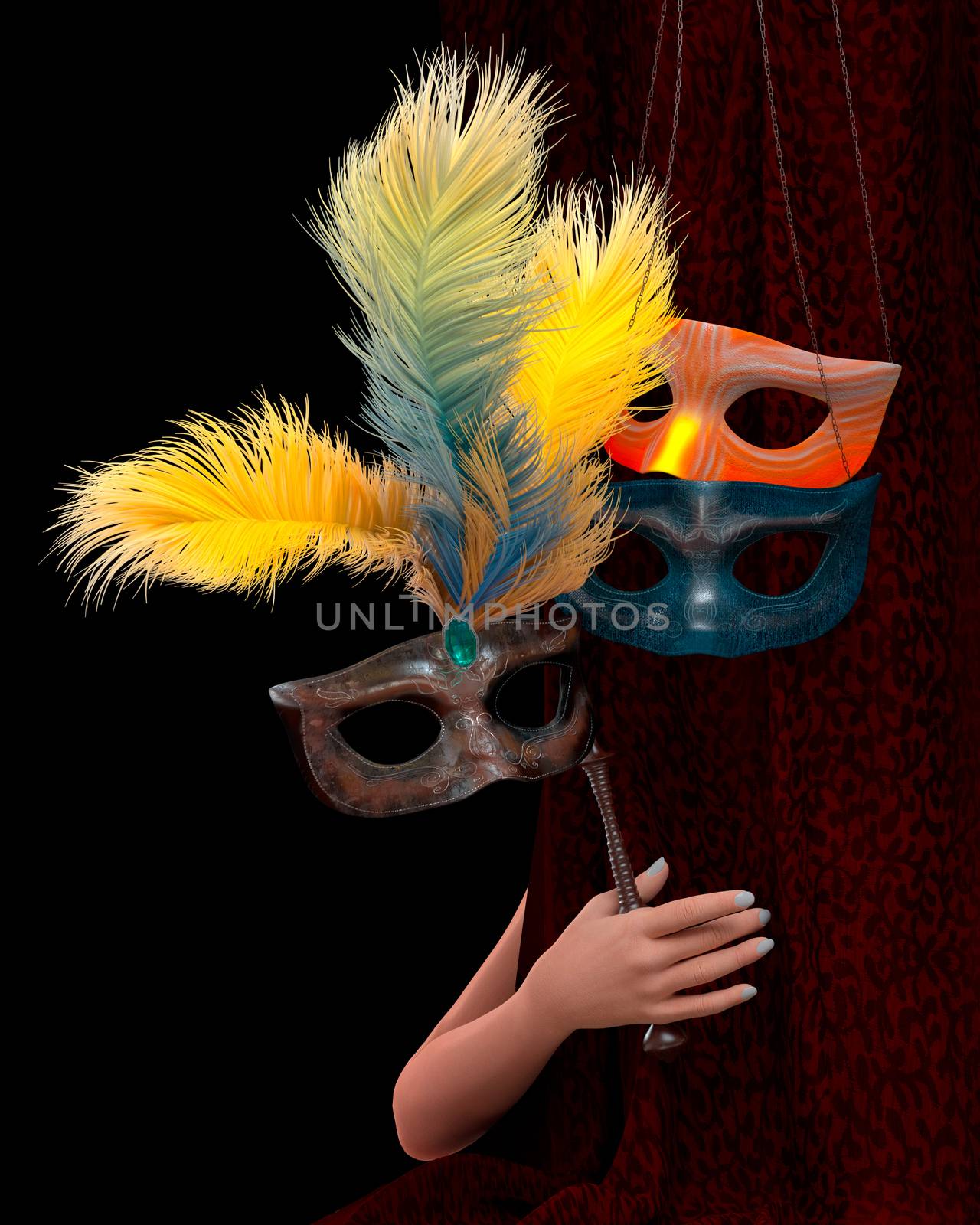 Beautiful young woman hand with curtain and carnival mask by denisgo