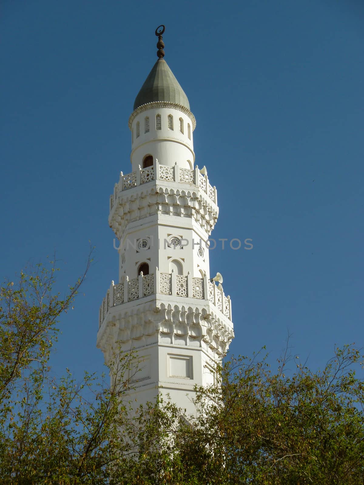 minaret of Quba mosque with blue sky background