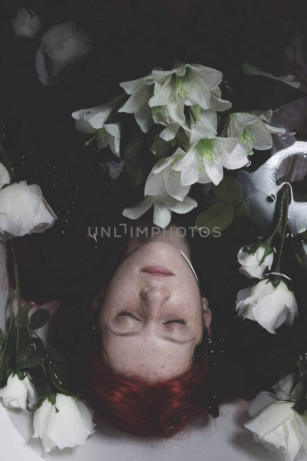 Relaxing, Teen submerged in water with white roses, romance scen by FernandoCortes