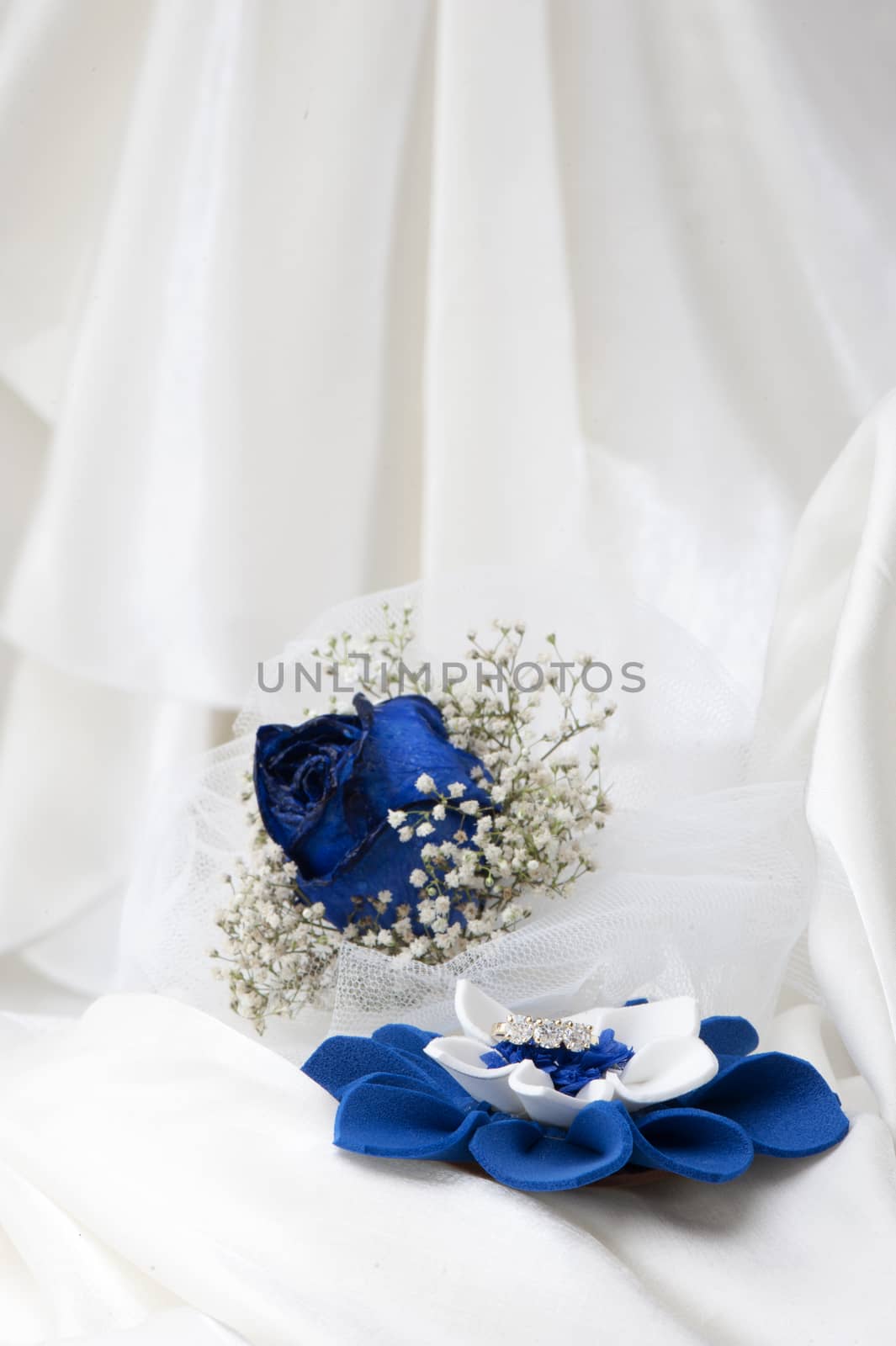 a  blue roses and wedding rings on white background