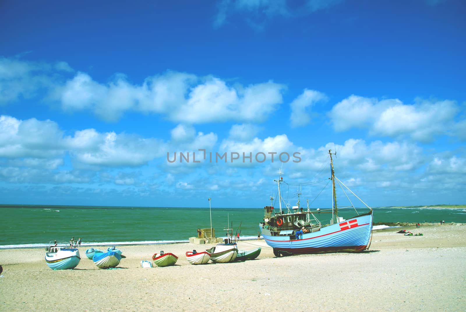 The landing place of fishing boats on the beach at the Danish North Sea coast.