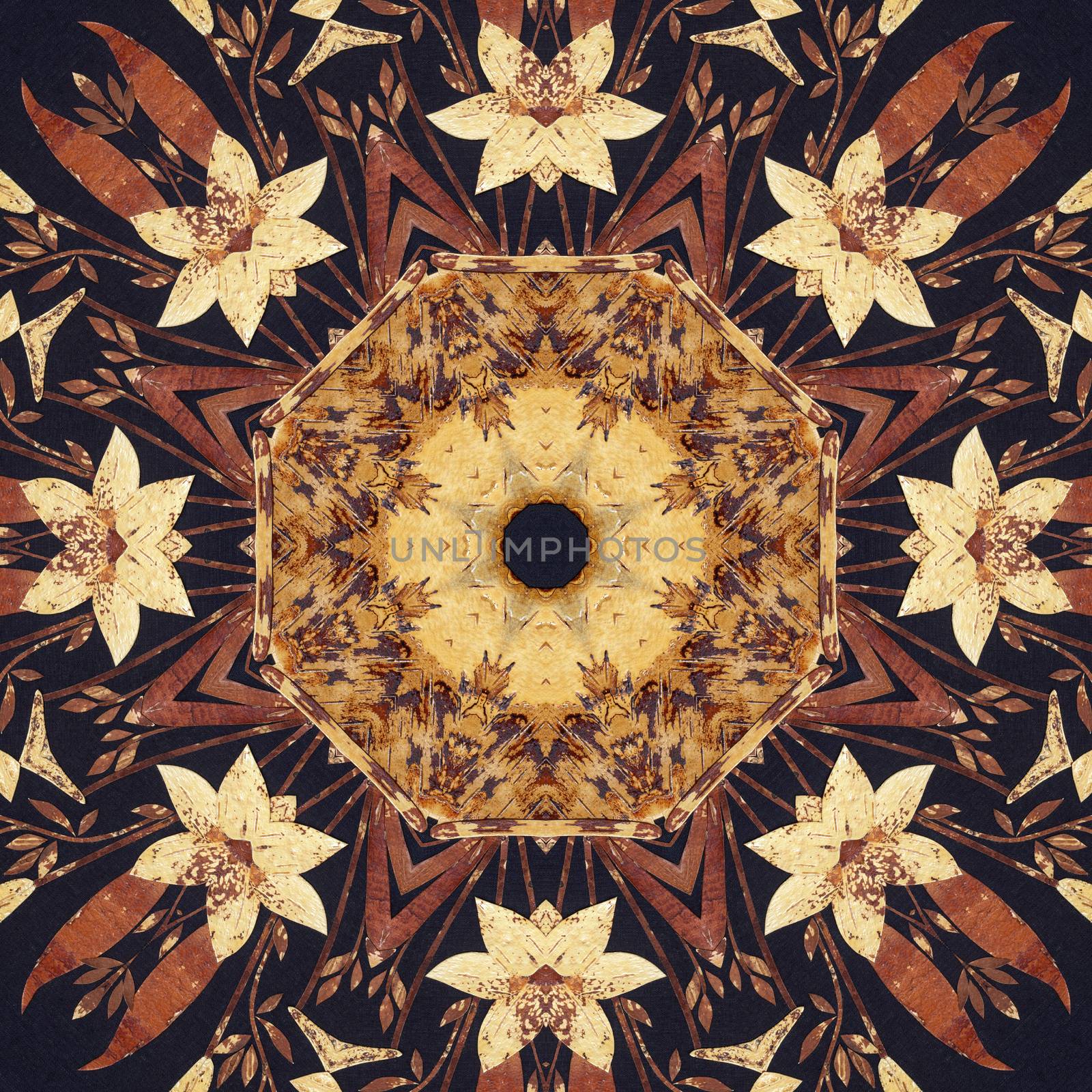 Abstract artistic pattern, seamless handmade floral ornament, applique from the back side of a birch bark on black fabric background