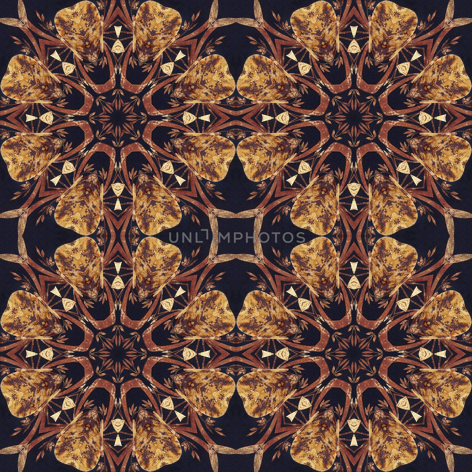 Abstract artistic pattern, seamless handmade floral ornament, applique from the back side of a birch bark on black fabric background