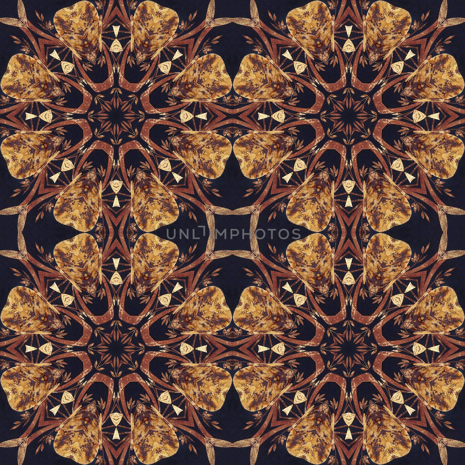 Abstract artistic pattern, seamless handmade floral ornament, applique from the back side of a birch bark on black fabric background