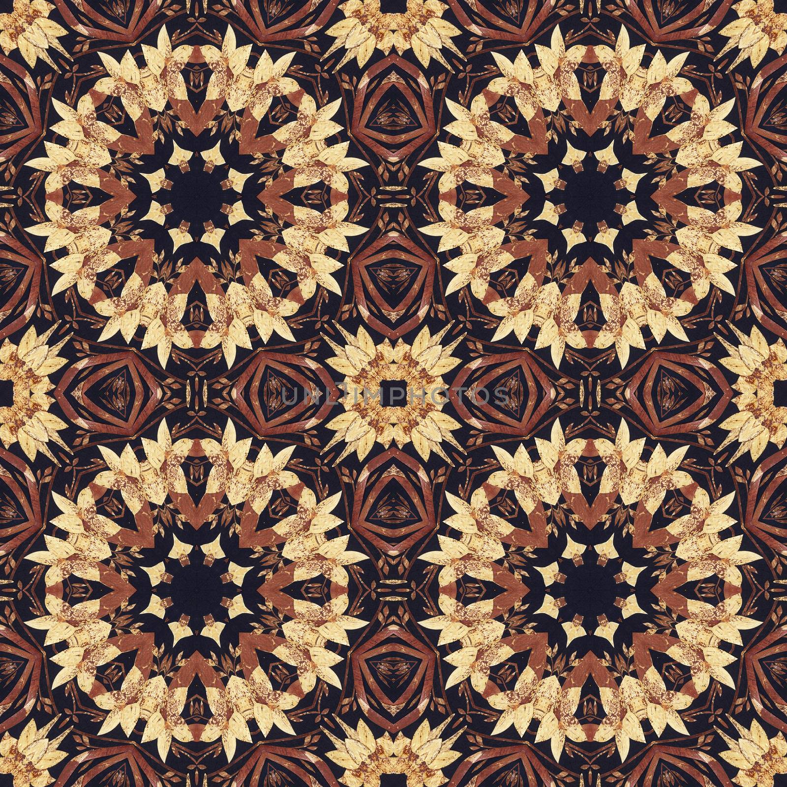 Abstract artistic pattern, seamless handmade floral ornament, applique from the back side of a birch bark on black fabric background