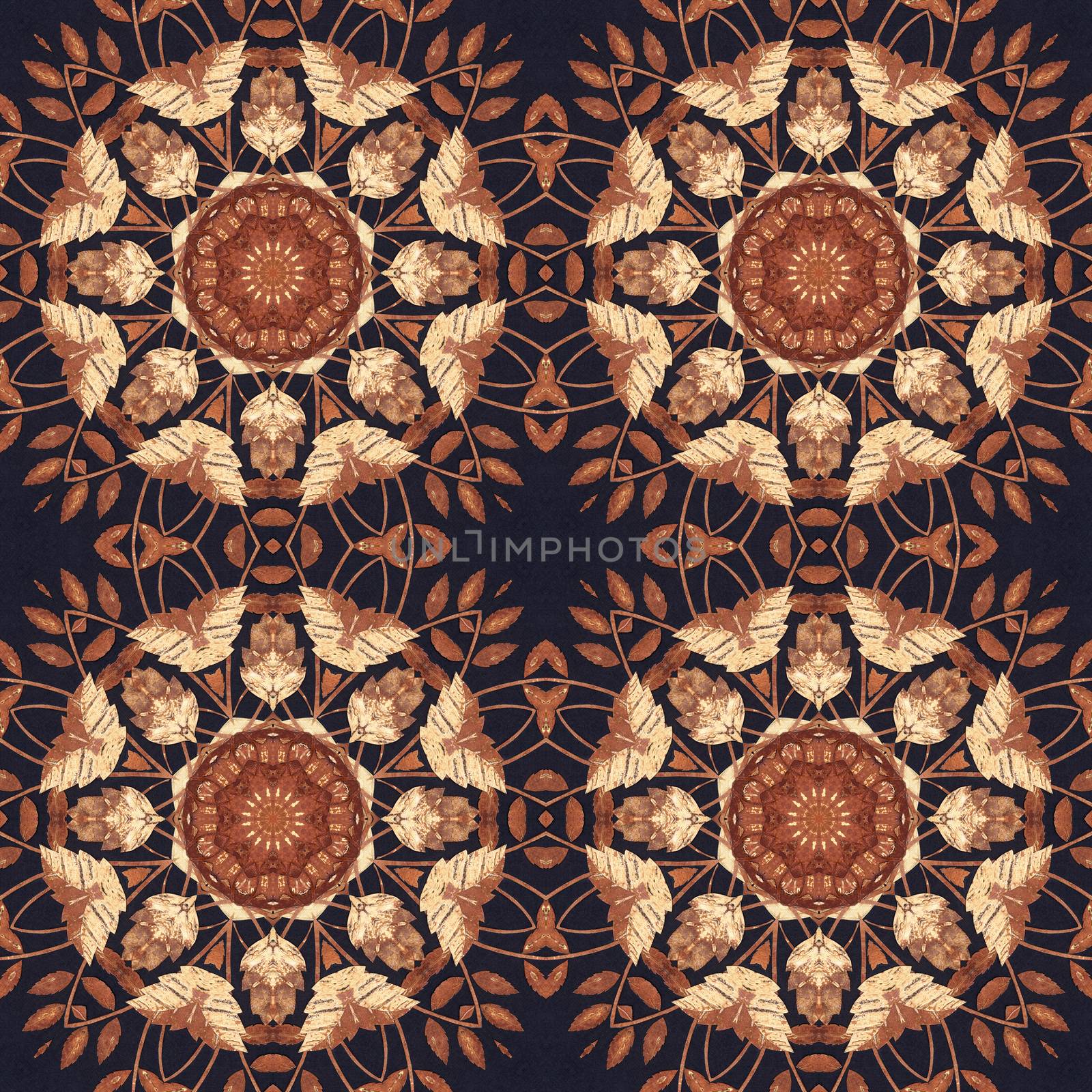 Abstract artistic pattern, seamless handmade floral ornament, applique from the back side of a birch bark on black fabric background