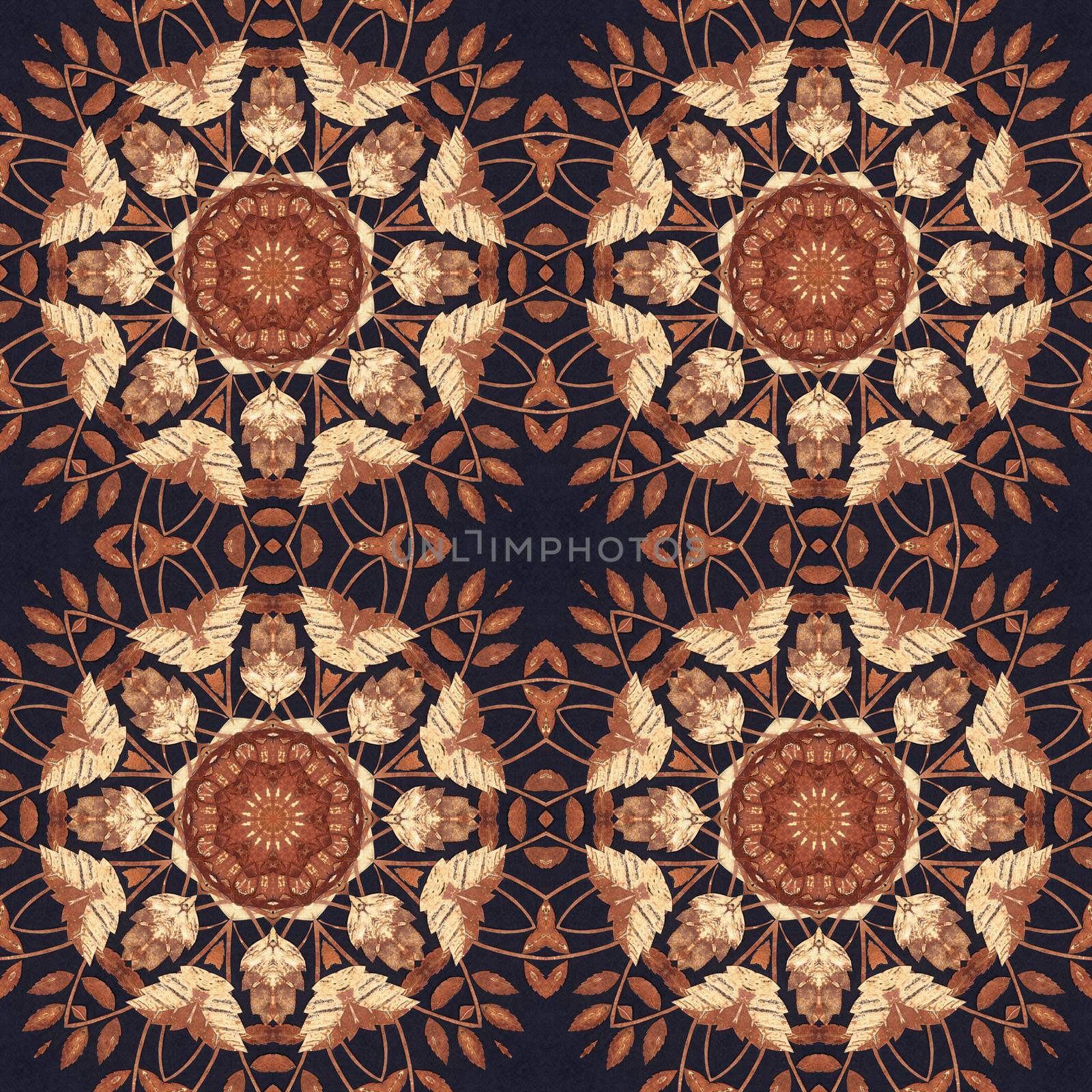 Abstract artistic pattern, seamless handmade floral ornament, applique from the back side of a birch bark on black fabric background