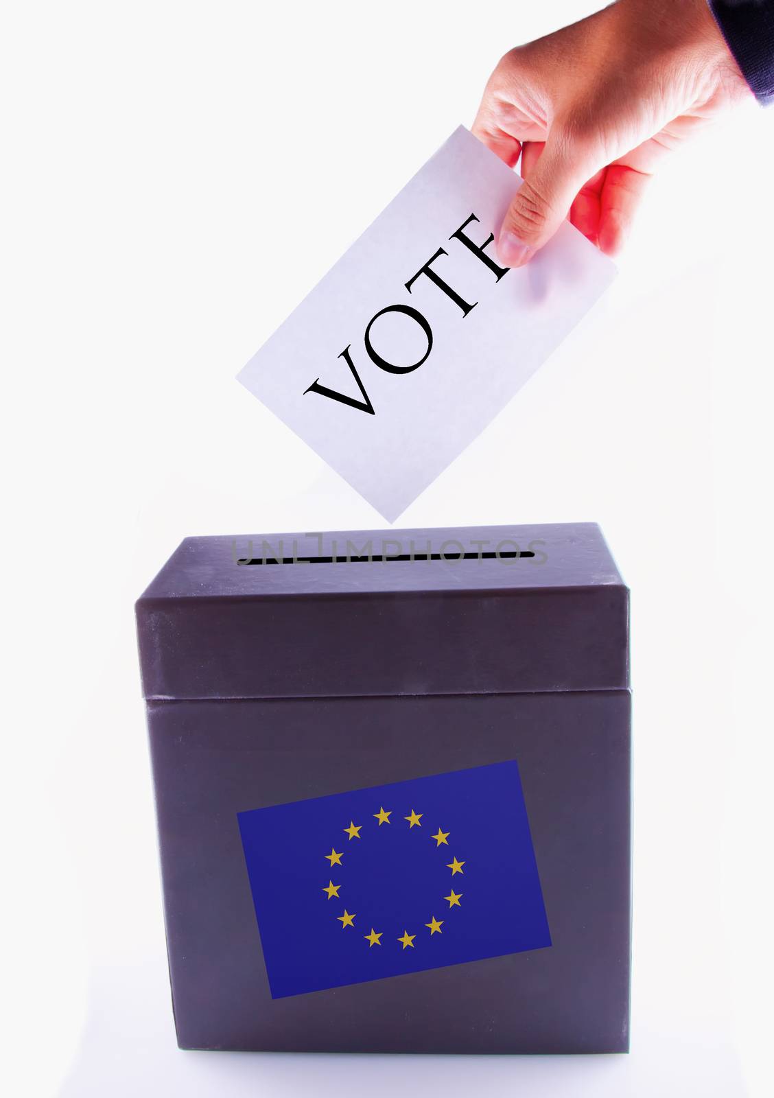 Urn for vote, with male hand posting vote and european banner