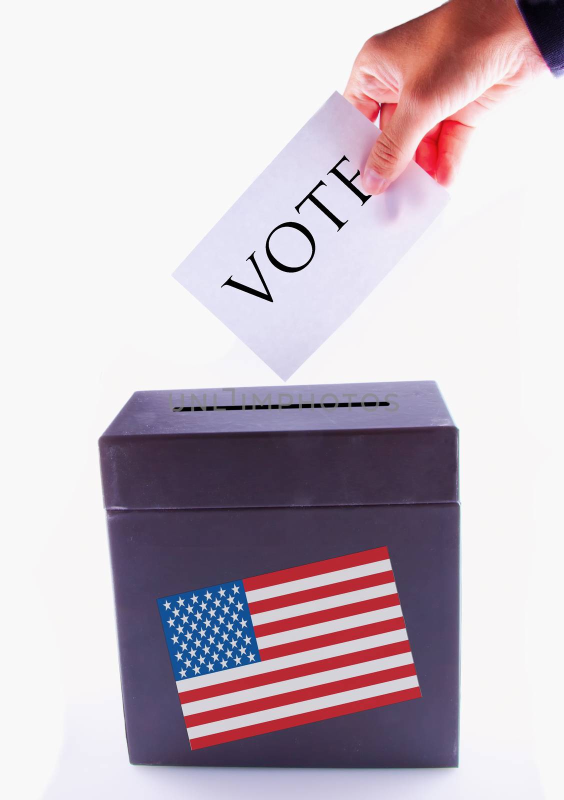 Urn for vote, with male hand posting vote and US banner