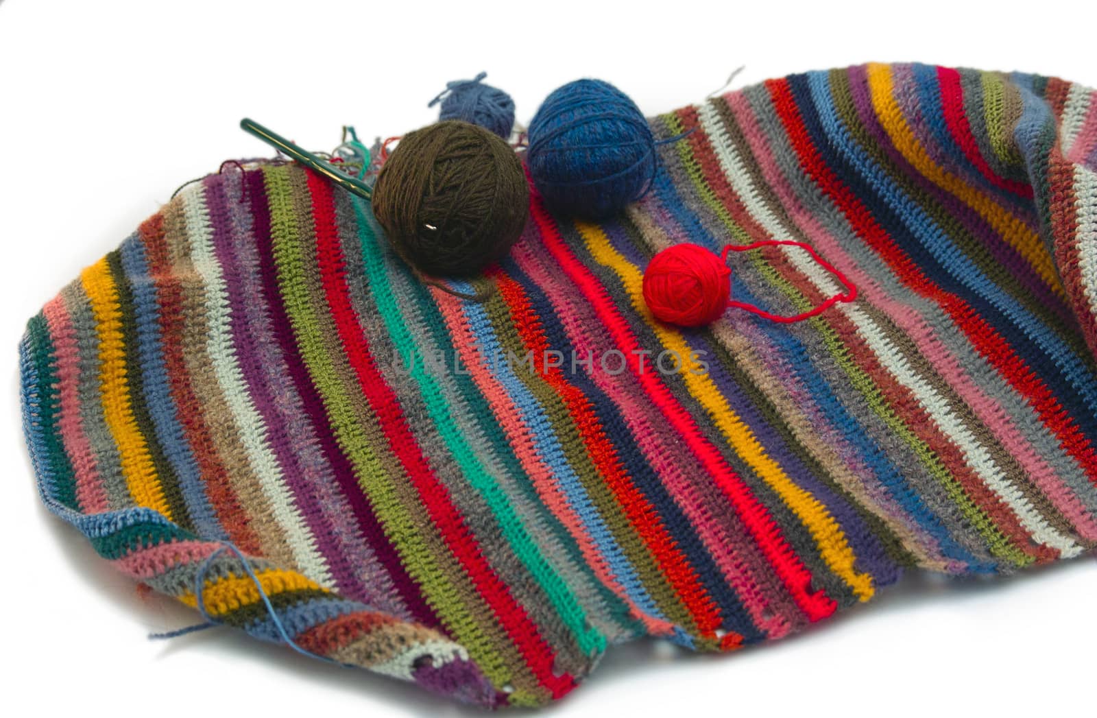 This photo shows the yarn for knitting yarn and fabric related. Also in the photograph depicted knitting needles and crochet hook. This photograph was taken in artificial light photoelectric cell, was used when shooting a tripod.