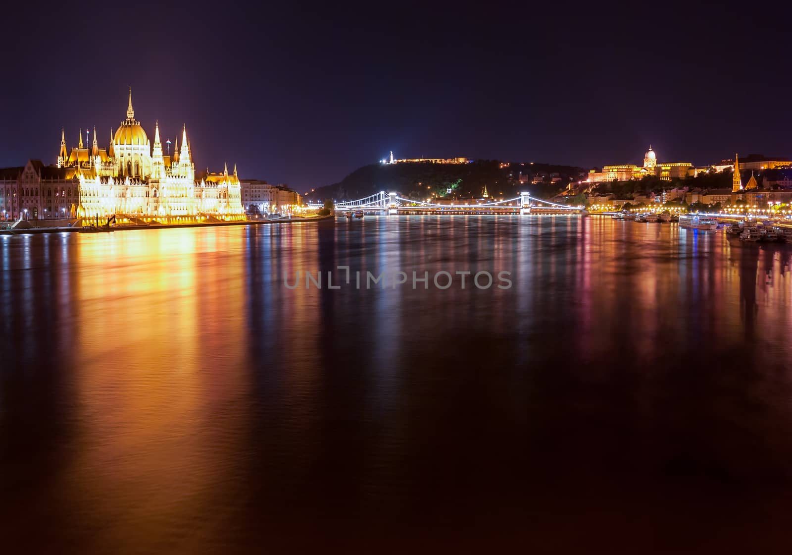 Hungarian Parliament Building as seen from Margit Hid at night, long exposured