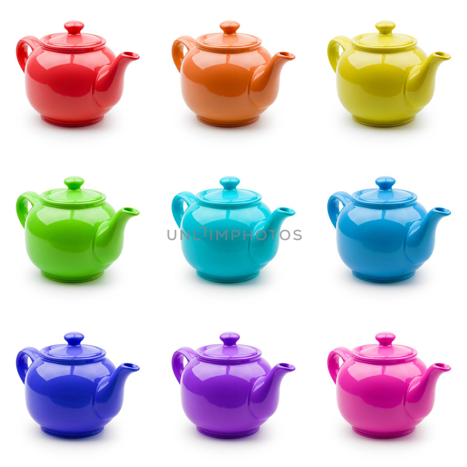 Set of nine colorful teapots for your design. Isolation on white