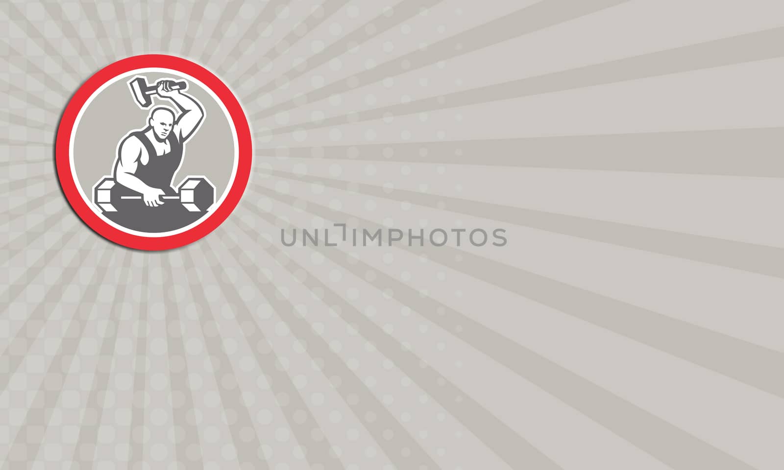 Business card showing illustration of a blacksmith striking at barbell with sledgehammer set inside circle on isolated background done in retro style.