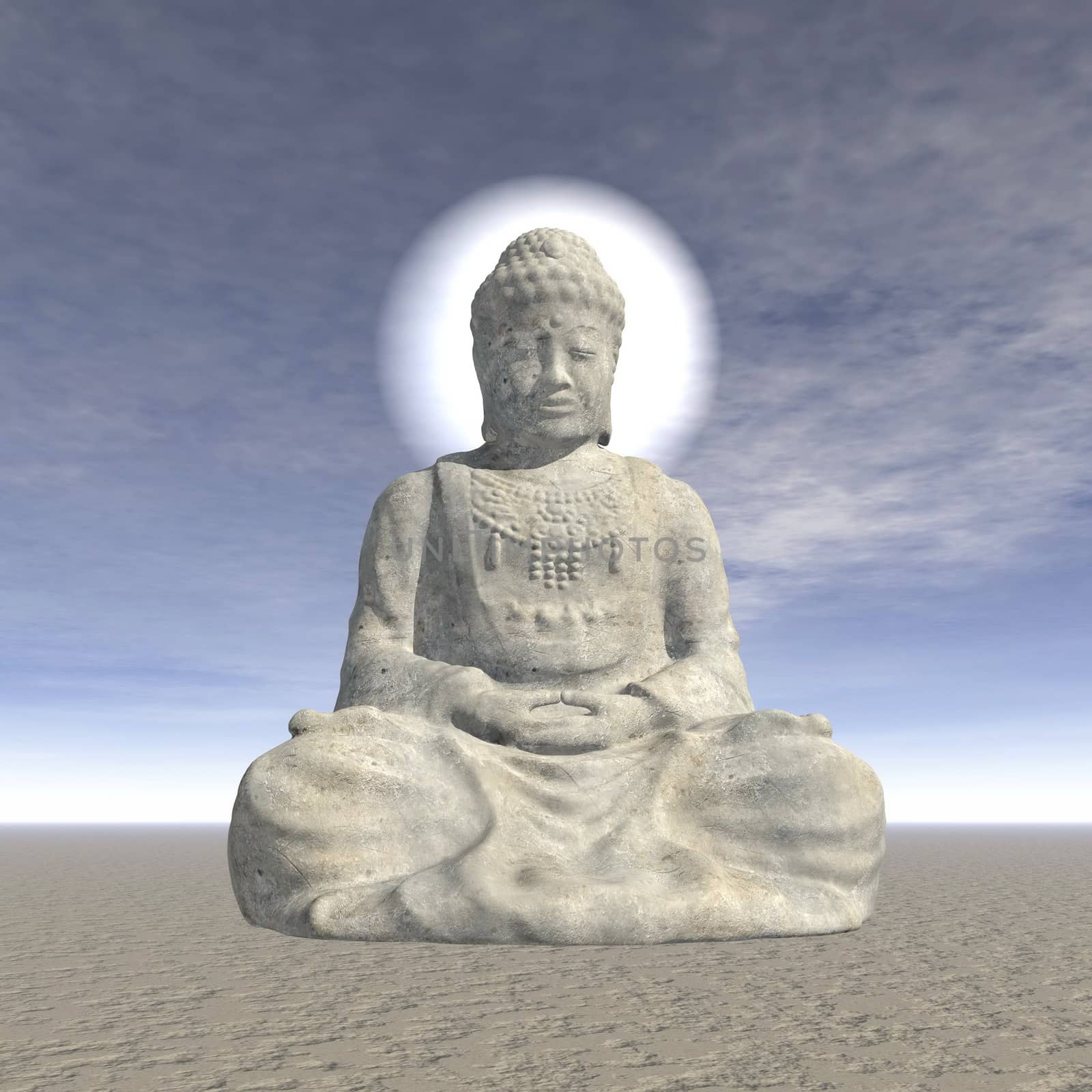 Stone statue of buddha meditating with halo around the head by day