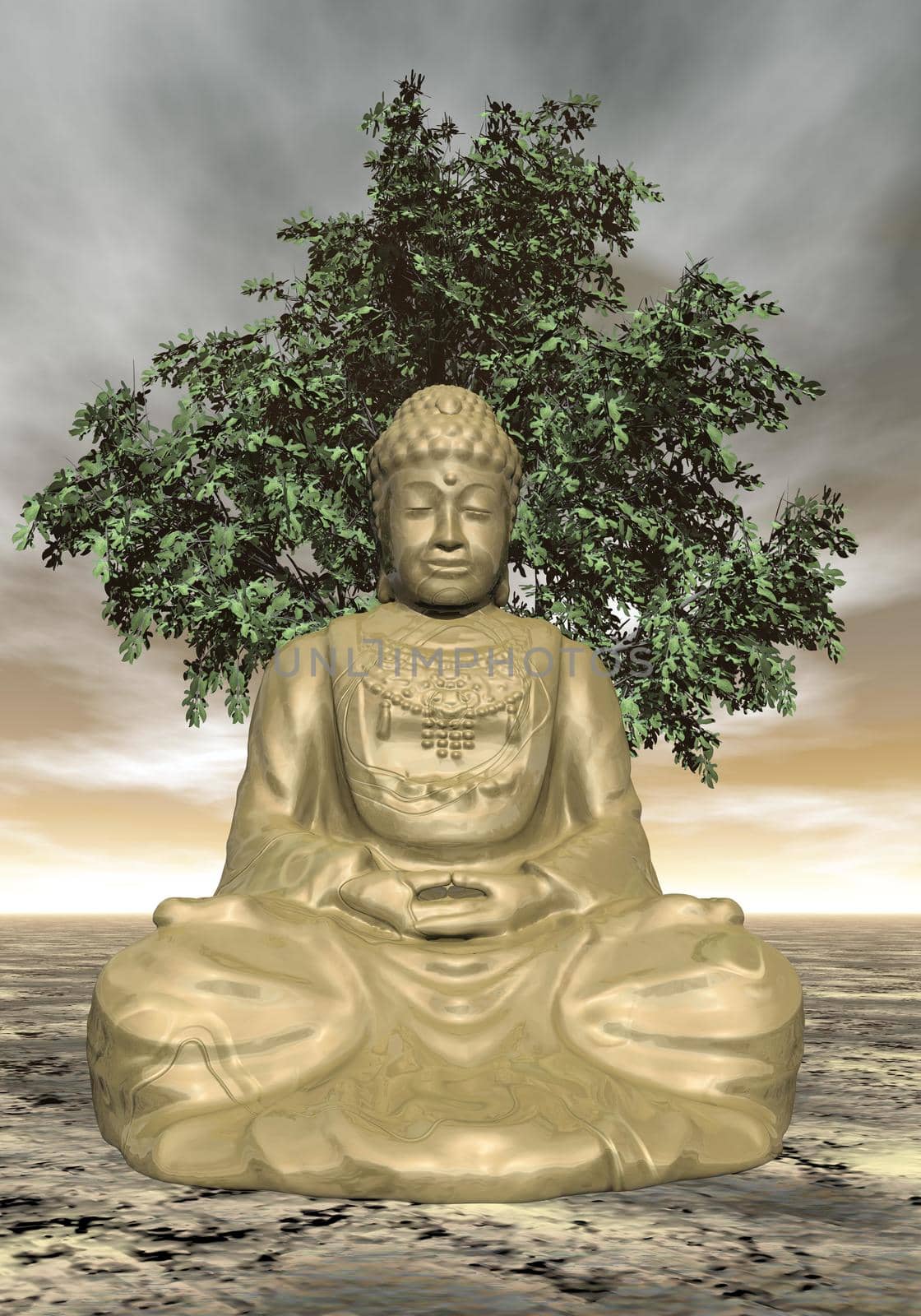 Golden buddha statue meditating in front of a tree by cloudy sunset