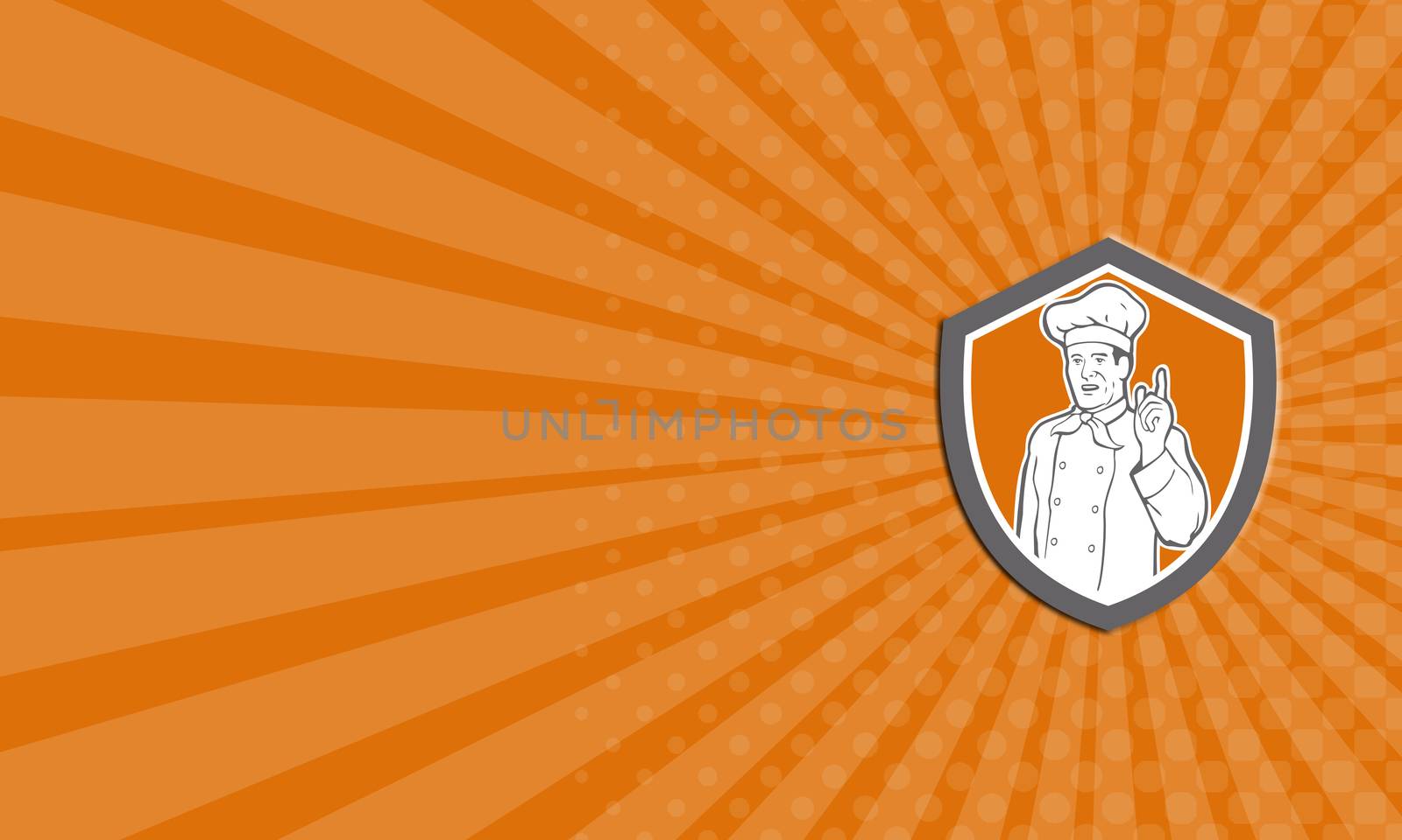Business card showing illustration of a chef, cook or baker with hand pointing up viewed from front set inside shield done in retro style on isolated background.